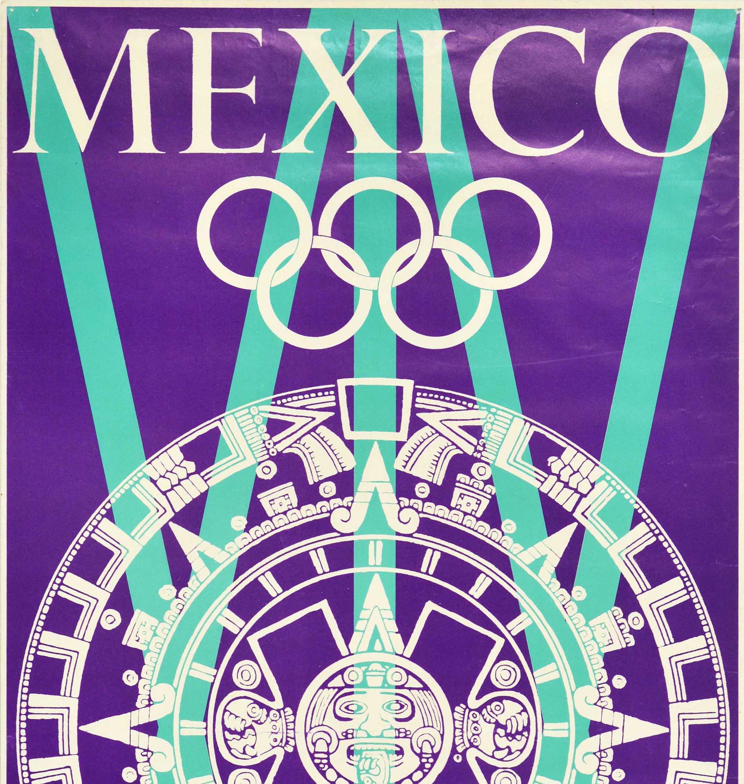 Mexican Original Vintage Sports Poster Mexico Olympic Games 1968 Aztec Sun Sculpture Art For Sale