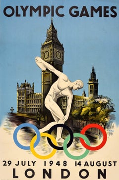 Poster sportivo originale d'epoca Giochi Olimpici 1948 Londra Walter Herz Discobolo