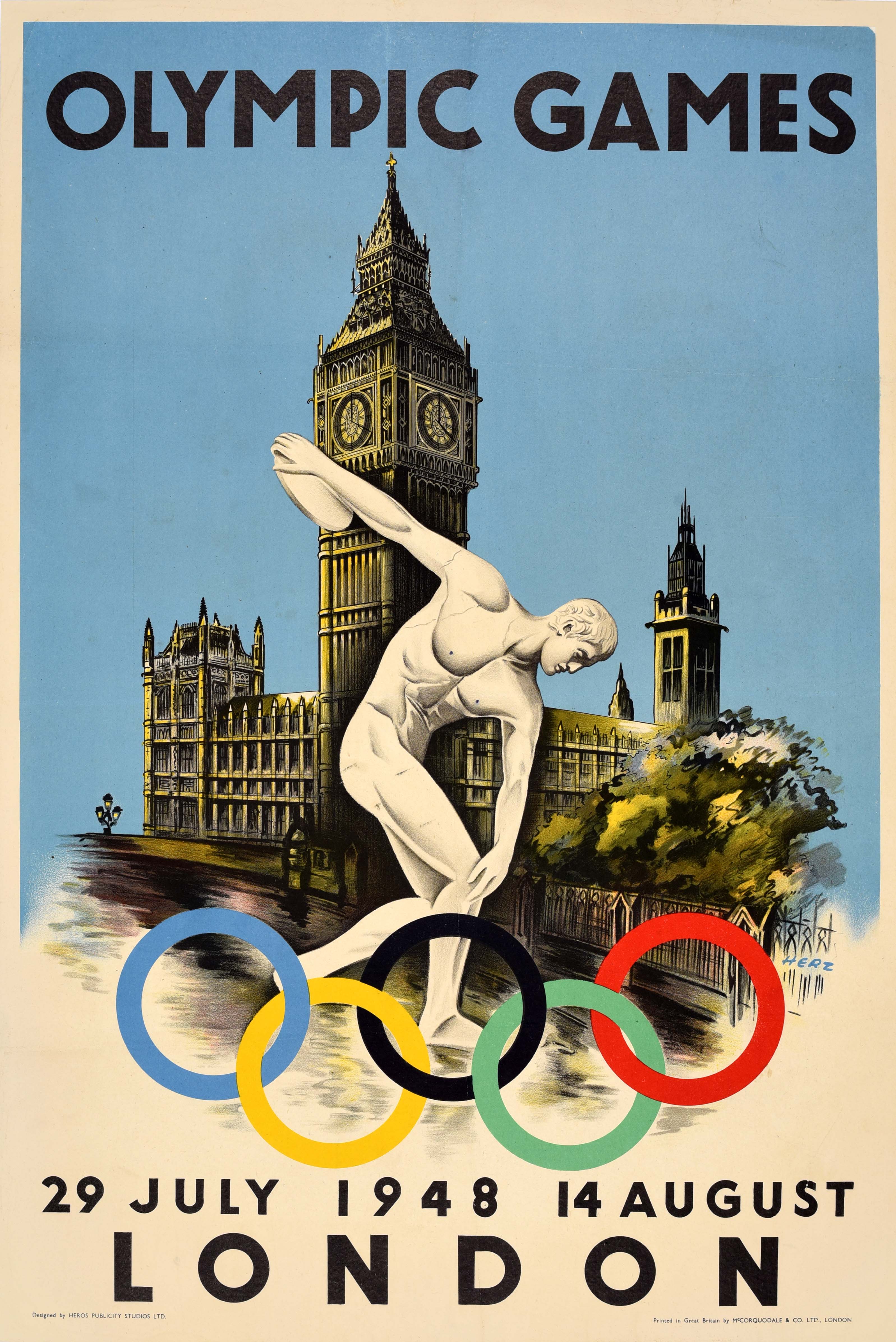 Original Vintage Sports Poster Olympic Games 1948 London Walter Herz Discobolus