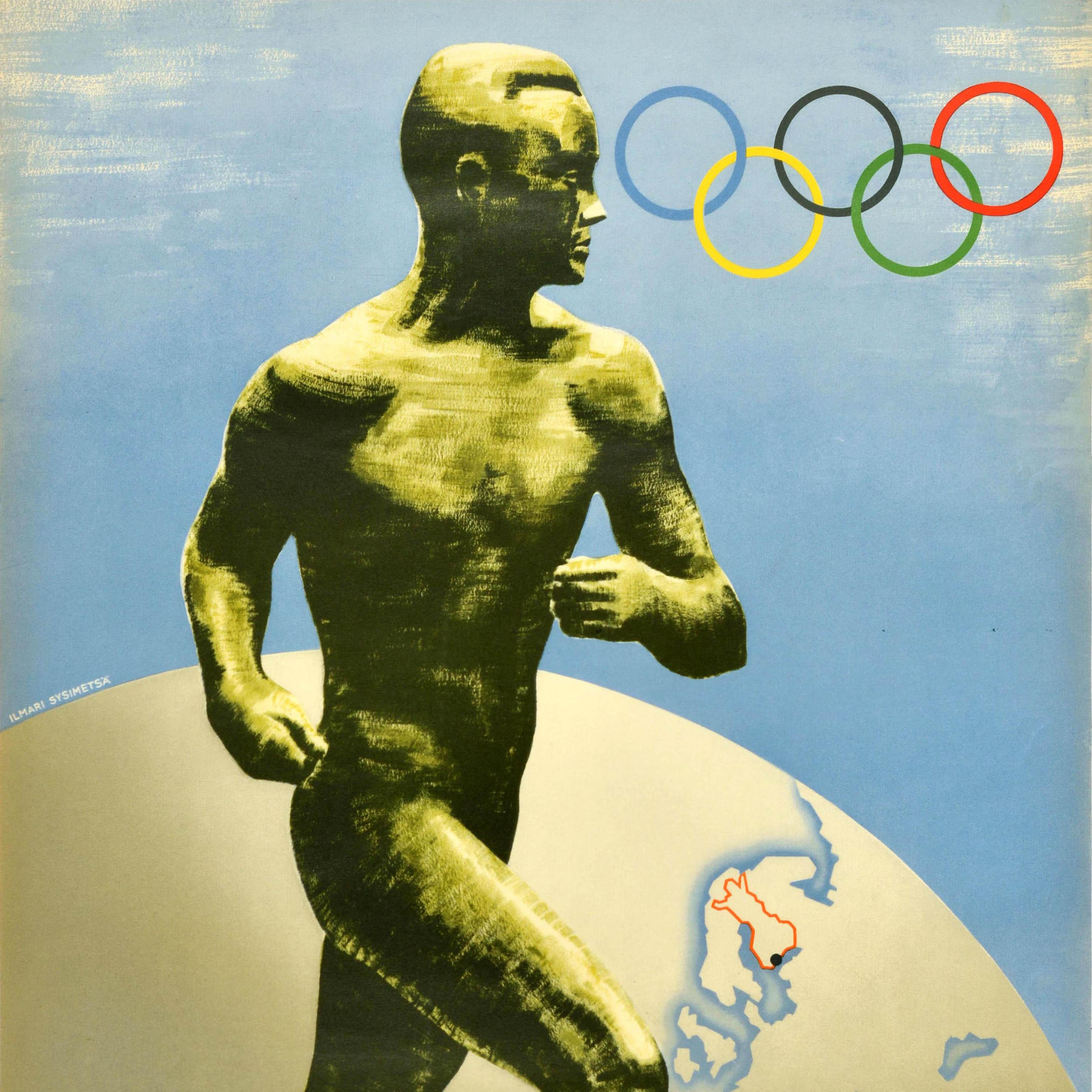 Affiche sportive originale pour les Jeux Olympiques d'été de 1940 à Helsinki (Finlande). L'image dynamique représente la sculpture d'un athlète courant devant un globe terrestre représentant la Finlande avec les anneaux olympiques au-dessus et le