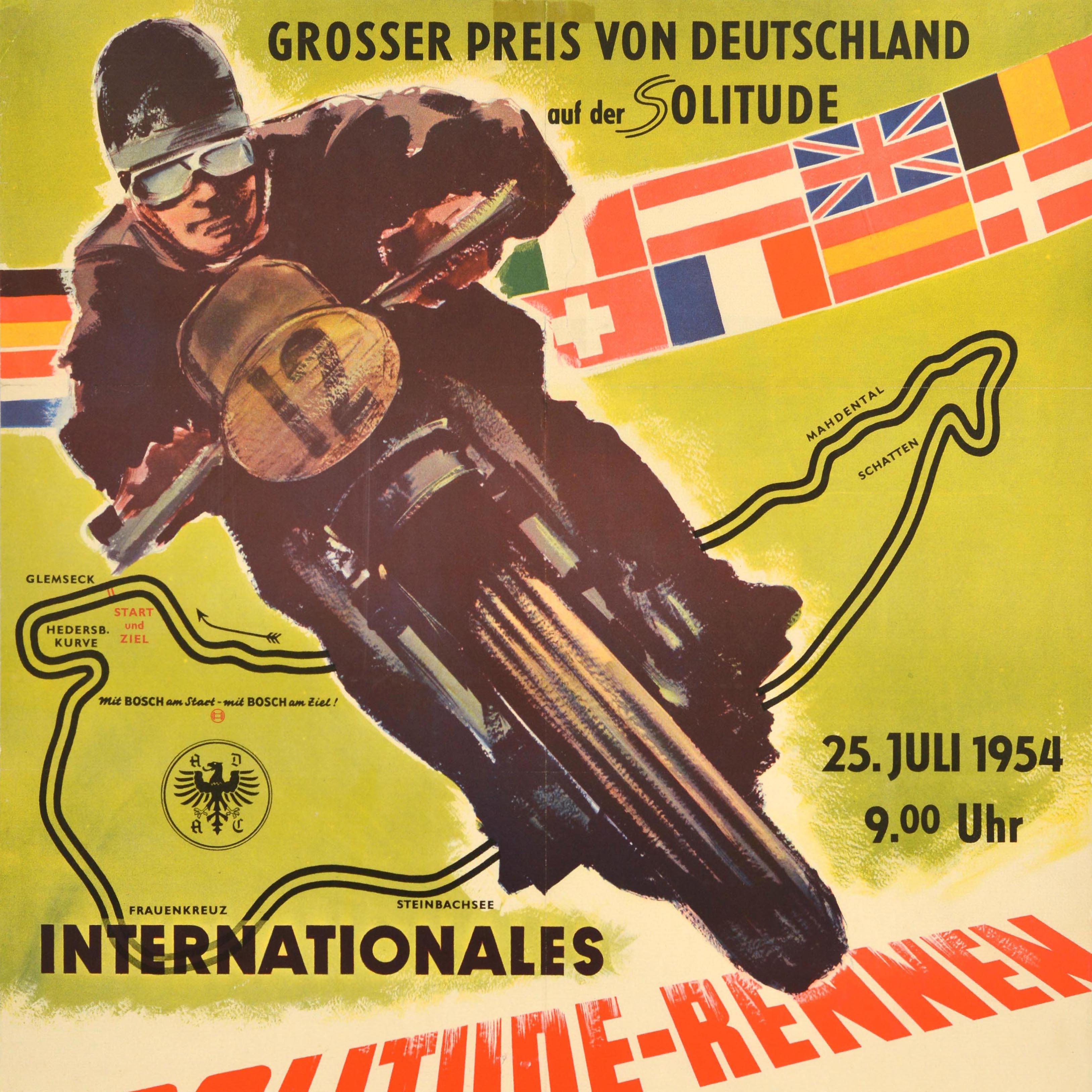 Original vintage sports poster for the German Grand Prix at the Solitude racetrack International race for motorcycles with and without sidecars 6th World Championship 25 July 1954 / Grosser Preis von Deutschland auf der Solitude Internationales