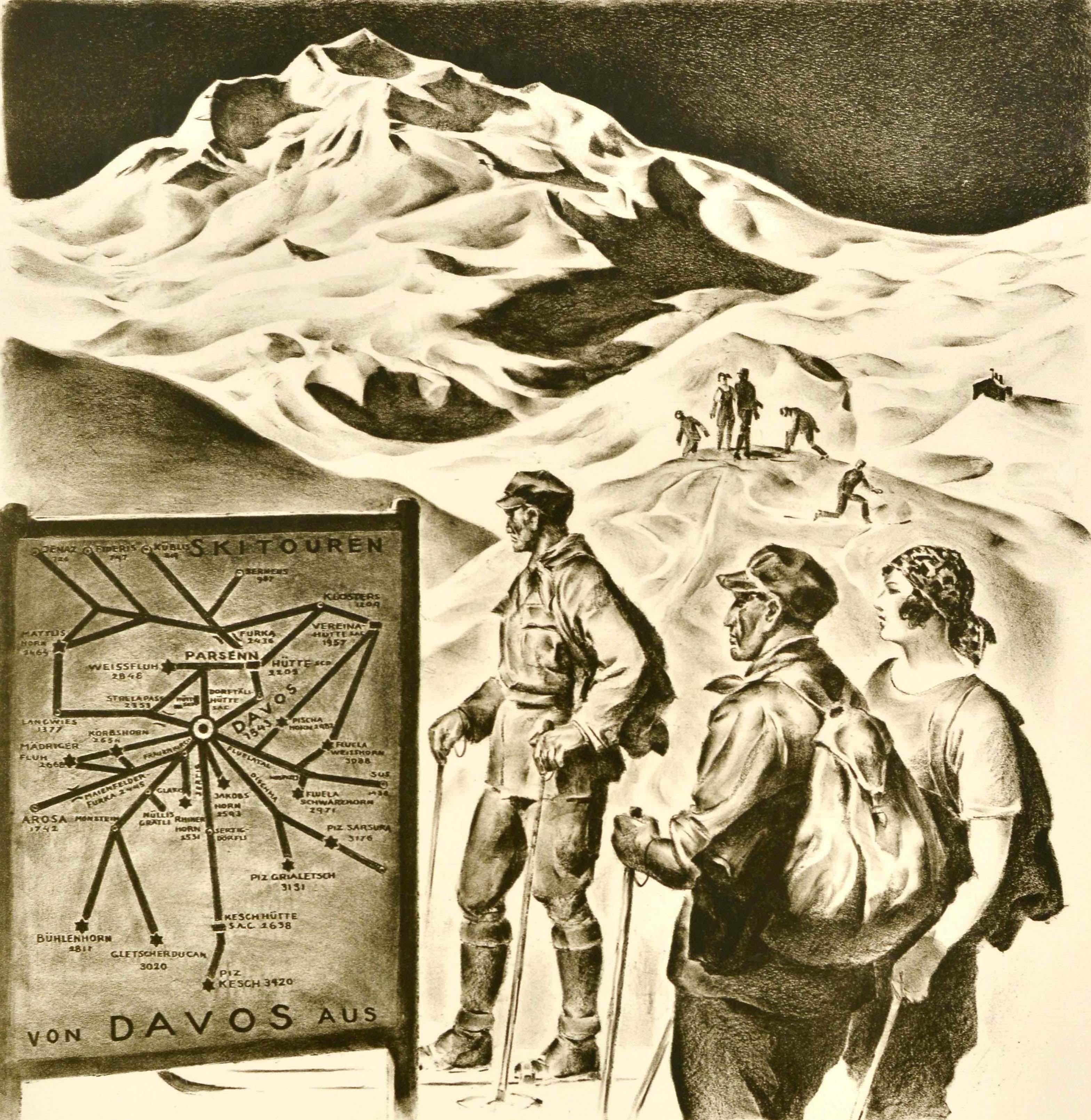 Poster vintage originale di viaggio per gli sport invernali per la stazione sciistica di Davos The Richest Ski-Tour Country Switzerland con un grande disegno in bianco e nero in stile Art Déco del noto artista German-Swiss Carl Moos (Karl Franz
