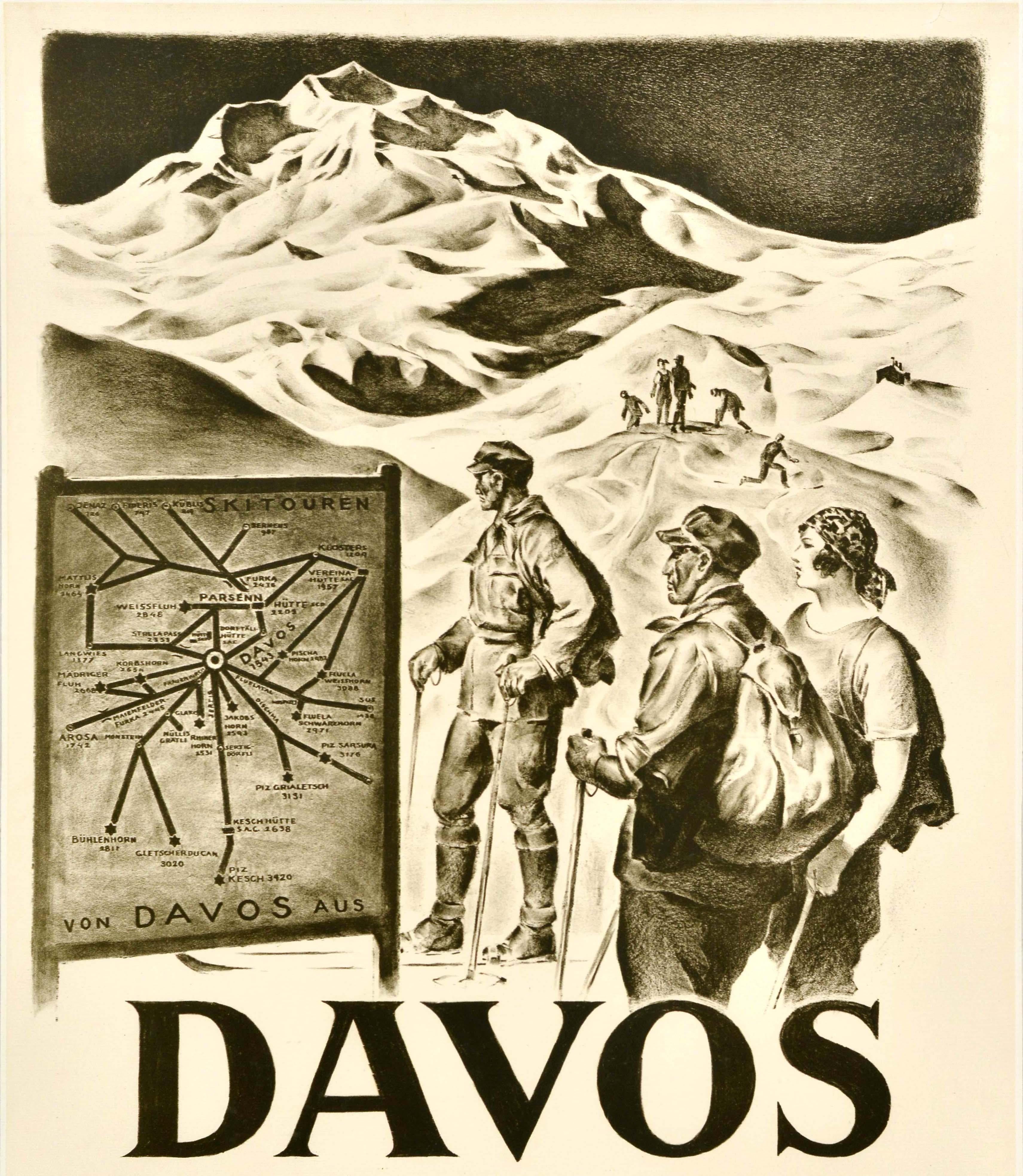 Svizzero Poster di viaggio sportivo originale d'epoca Davos, il più ricco paese del turismo sciistico della Svizzera in vendita