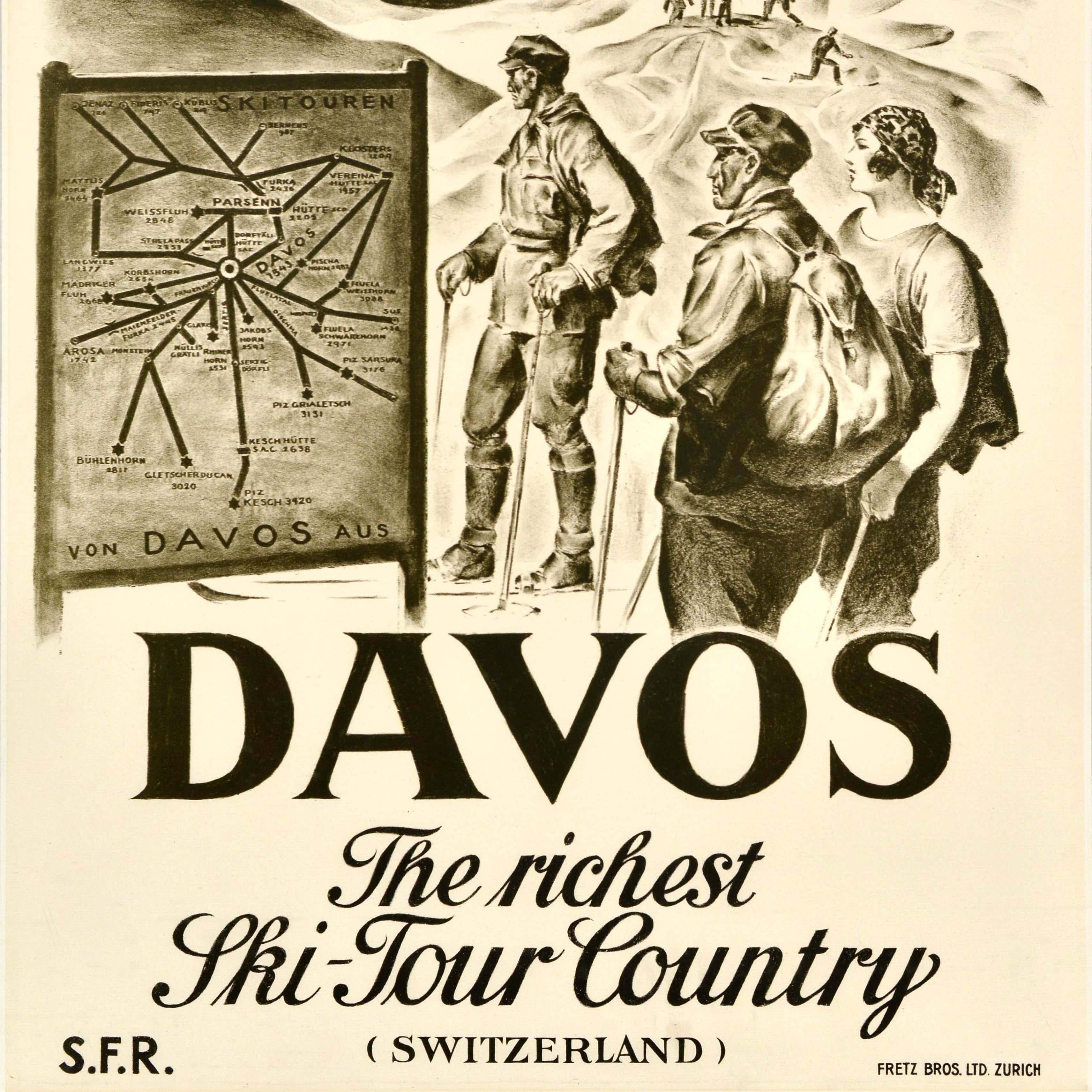 Poster di viaggio sportivo originale d'epoca Davos, il più ricco paese del turismo sciistico della Svizzera In condizioni buone in vendita a London, GB