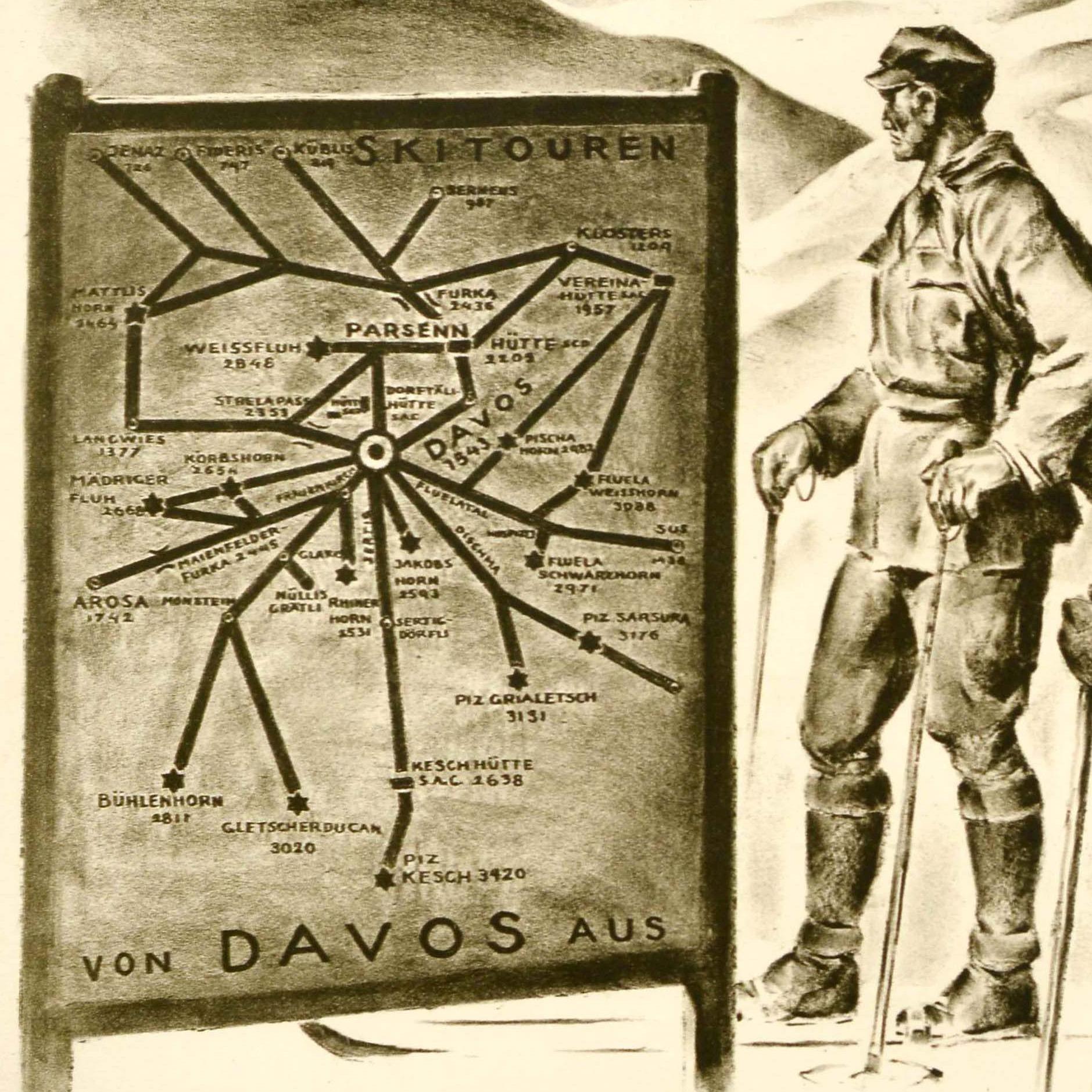 Inizio XX secolo Poster di viaggio sportivo originale d'epoca Davos, il più ricco paese del turismo sciistico della Svizzera in vendita