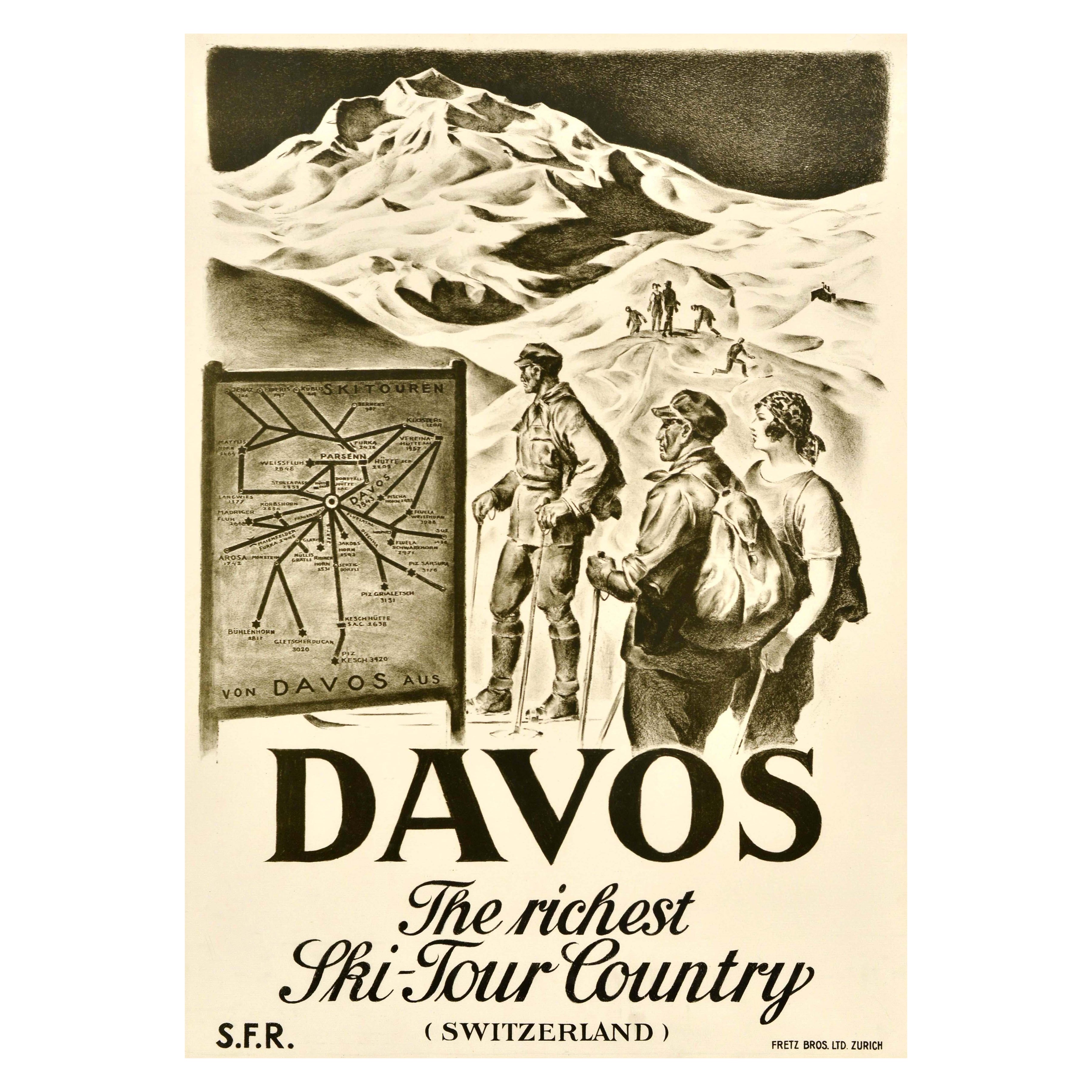Original Vintage Sports Travel Poster Davos Richest Ski Tour Land Schweiz