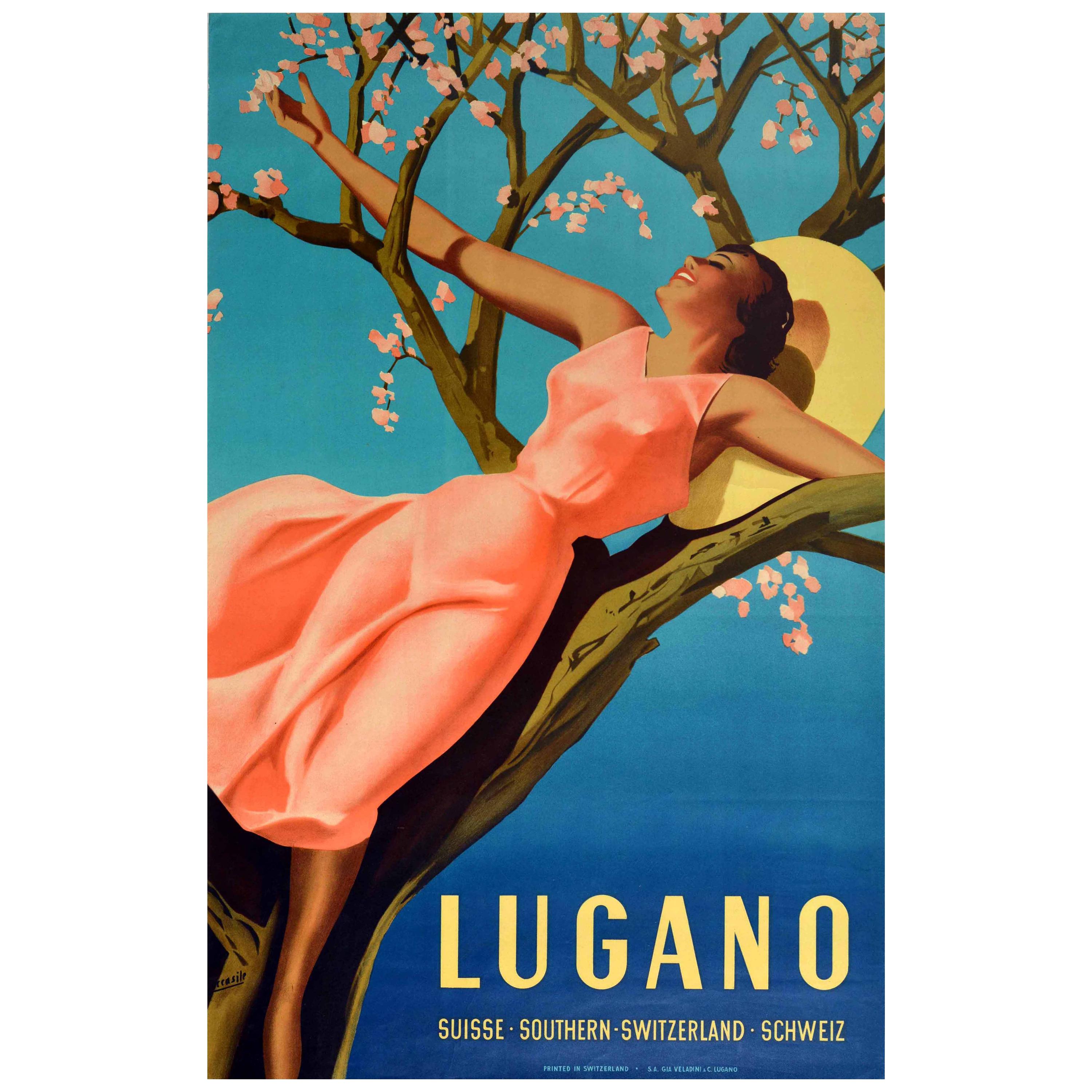 Original Vintage Spring Travel Poster Lugano Suisse Southern Switzerland Schweiz