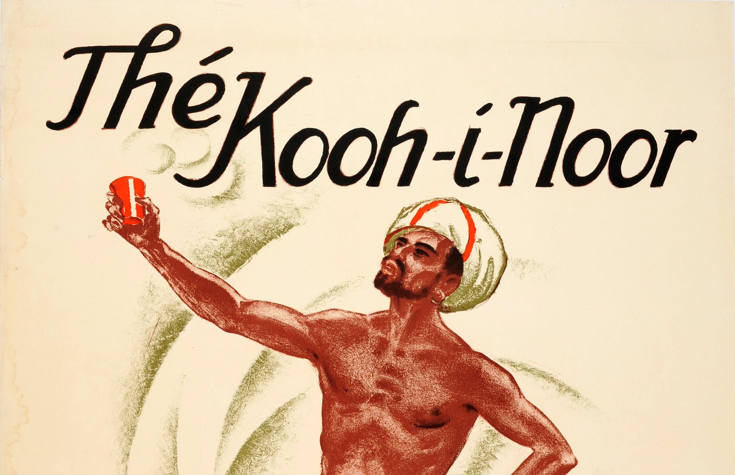 Original vintage tea drink advertising poster for a black tea produced in Sri Lanka (Ceylon): Kooh-i-Noor Ceylon Tea / Thé Kooh-i-Noor Thé de Ceylan. Great illustration of a man wearing a traditional sarong and turban, sitting on a step and holding