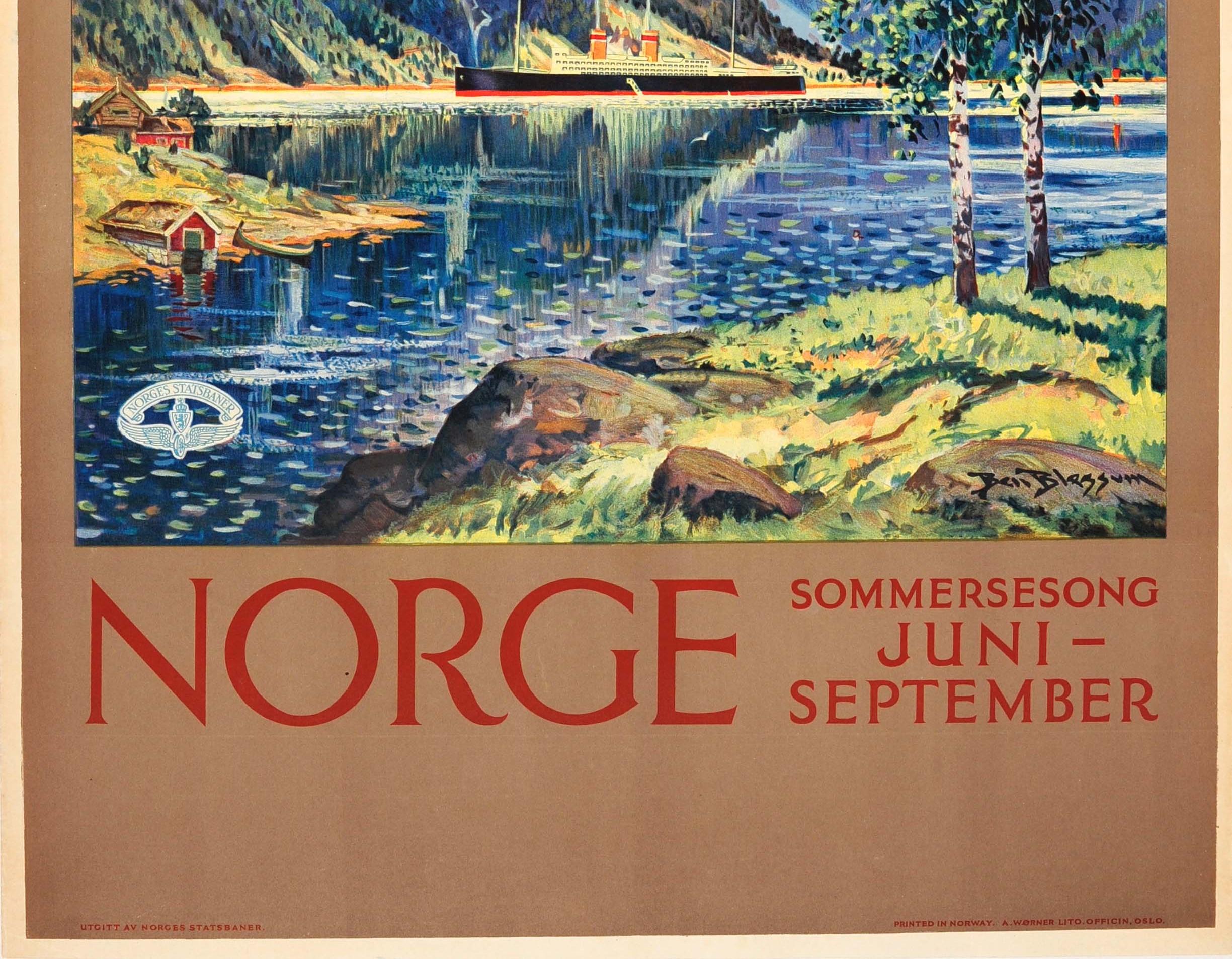 Original Vintage State Railway Travel Poster Norge Norway Summer Season ft Fjord In Good Condition In London, GB