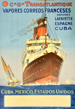 Original Vintage Steam Ship Cruise Travel Poster Cie Gle Transatlantique Espagne