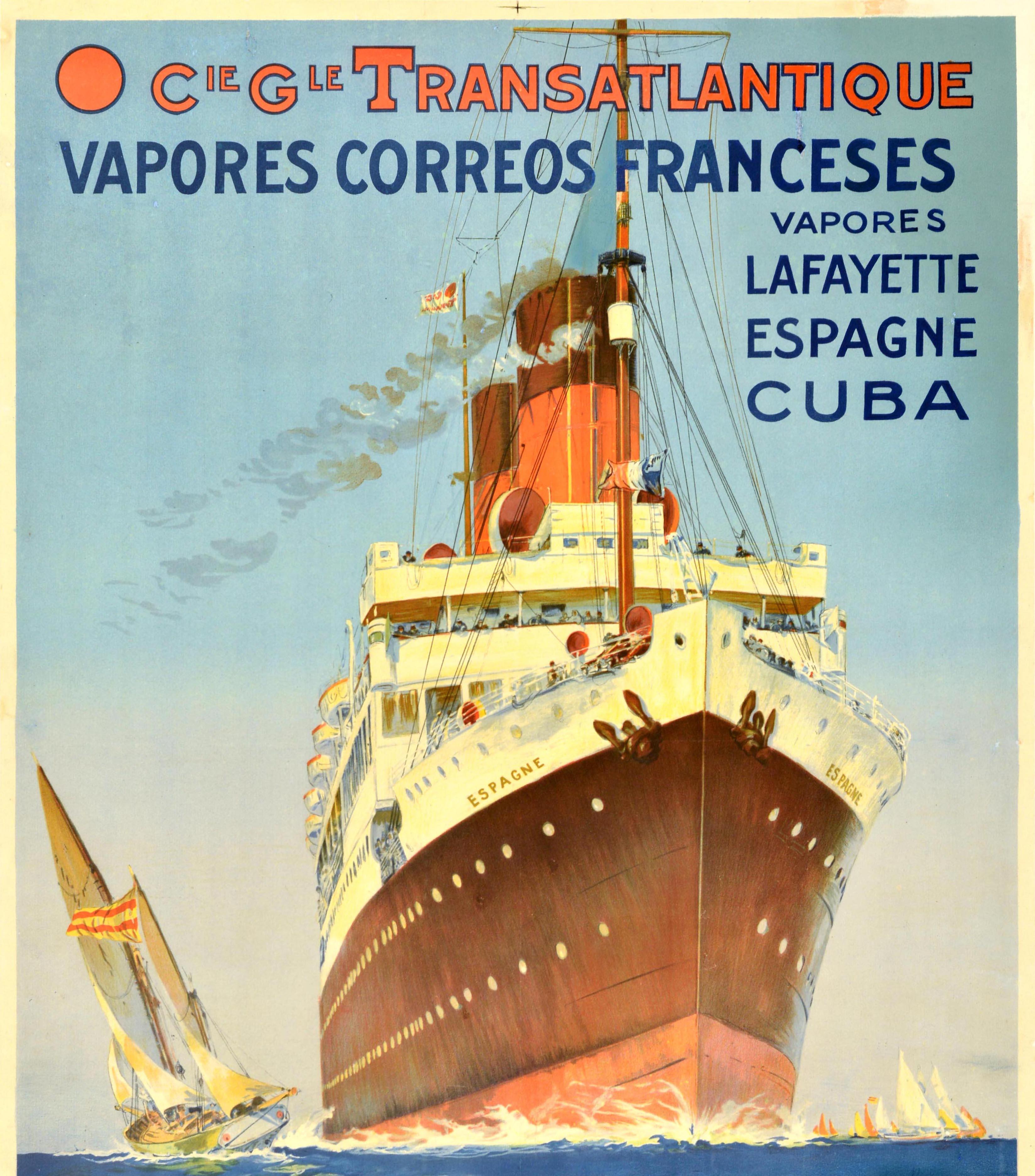 French Original Vintage Steam Ship Cruise Travel Poster Cie Gle Transatlantique Espagne For Sale