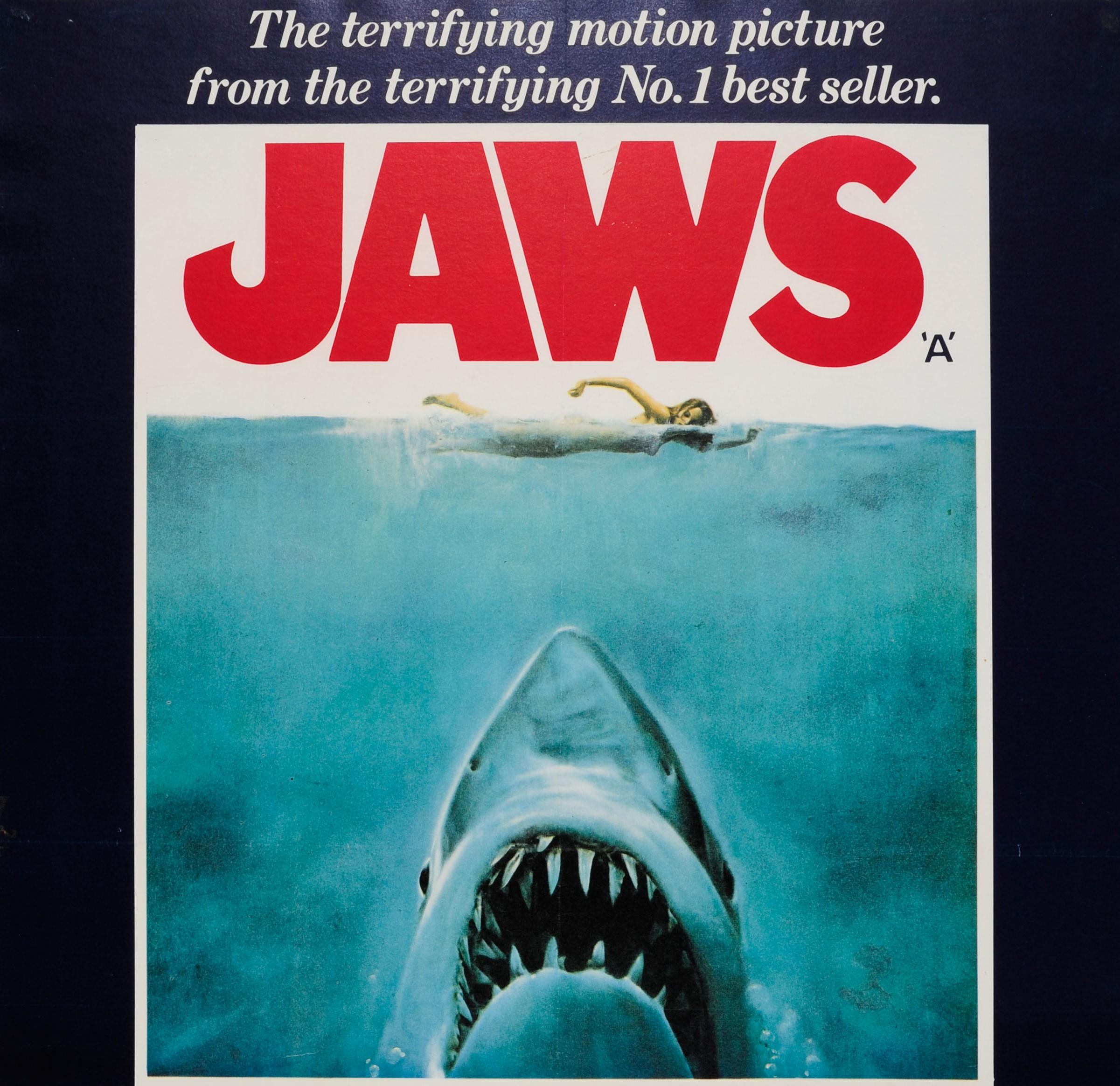 Original vintage movie poster for the Classic thriller film Jaws directed by Steven Spielberg based on the book by Peter Benchley and starring Roy Scheider, Robert Shaw and Richard Dreyfuss - 