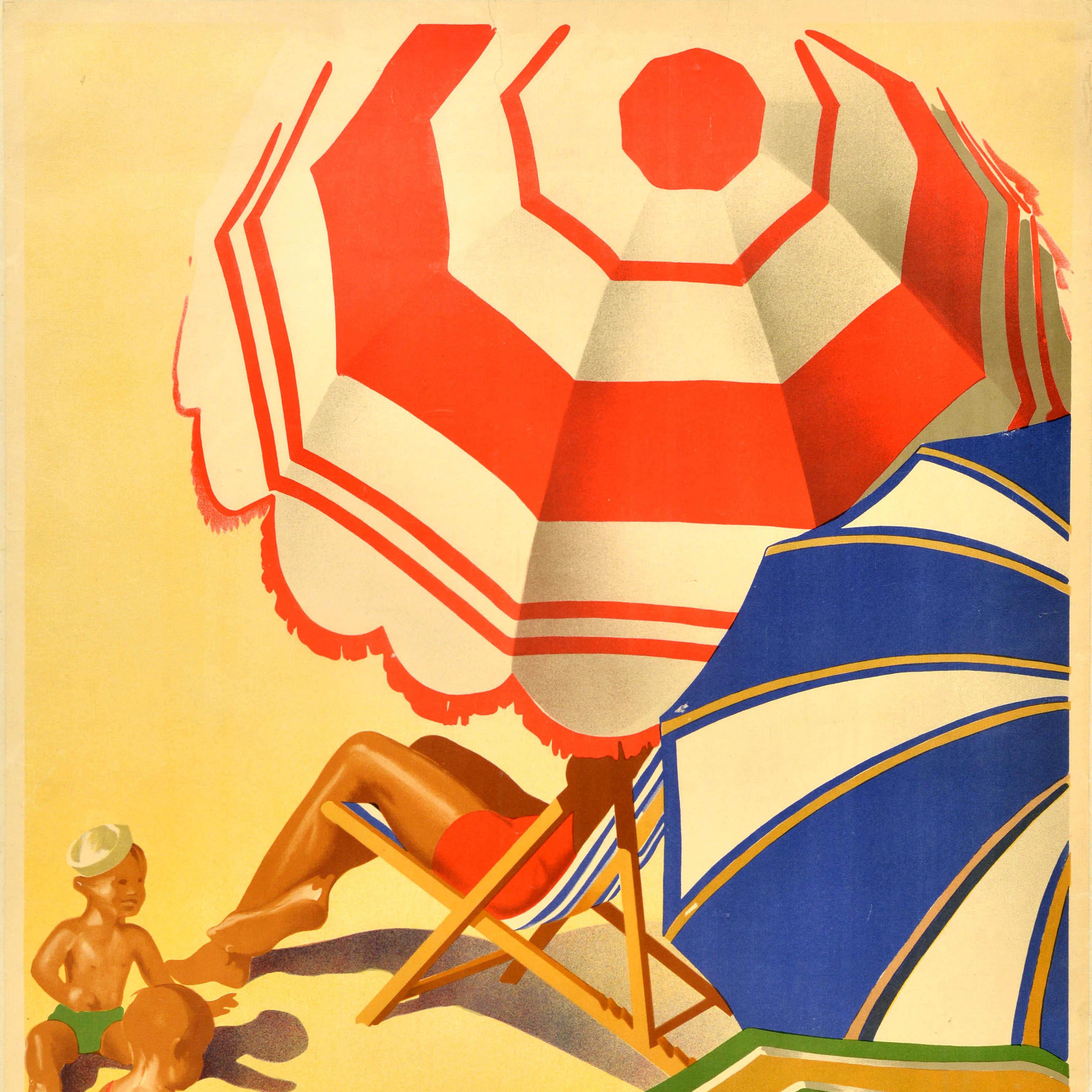 Spagnolo Poster di viaggio per vacanze estive originale d'epoca Spanien Spagna Morell Parasols in vendita