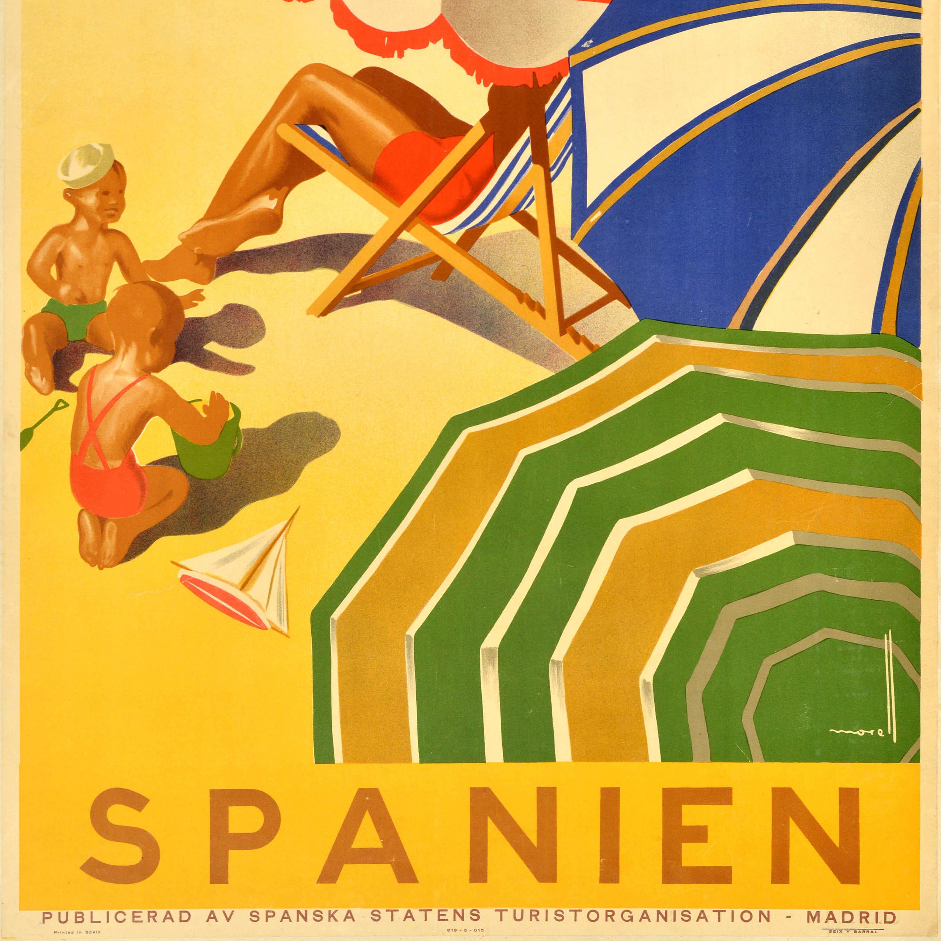 Poster di viaggio per vacanze estive originale d'epoca Spanien Spagna Morell Parasols In condizioni buone in vendita a London, GB