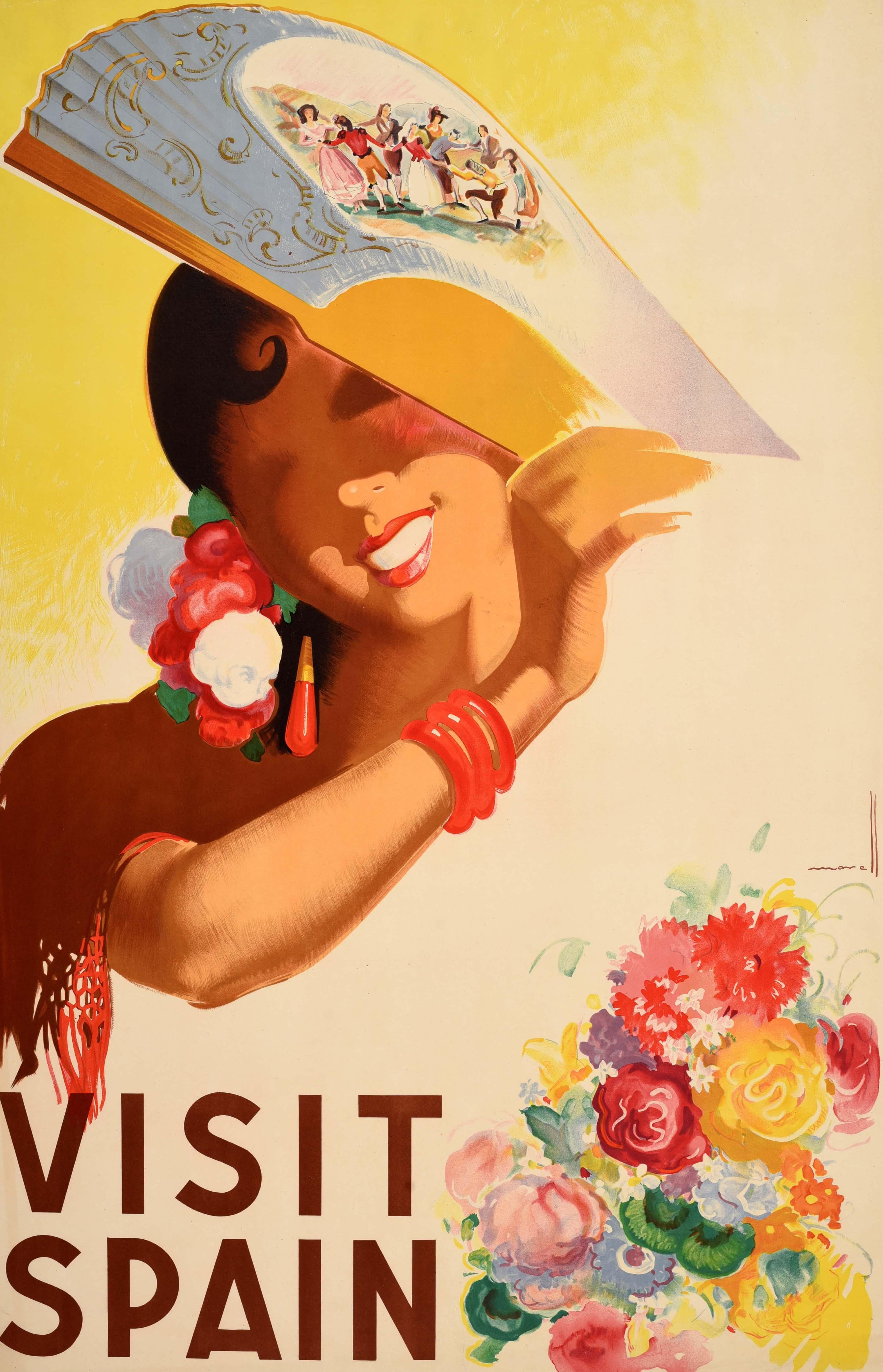 Poster originale d'epoca per le vacanze estive - Visit Spain - con un'illustrazione luminosa e colorata dell'artista spagnolo Josep Morell (1899-1949) che raffigura una donna sorridente che indossa uno scialle rosso, orecchini e braccialetti con