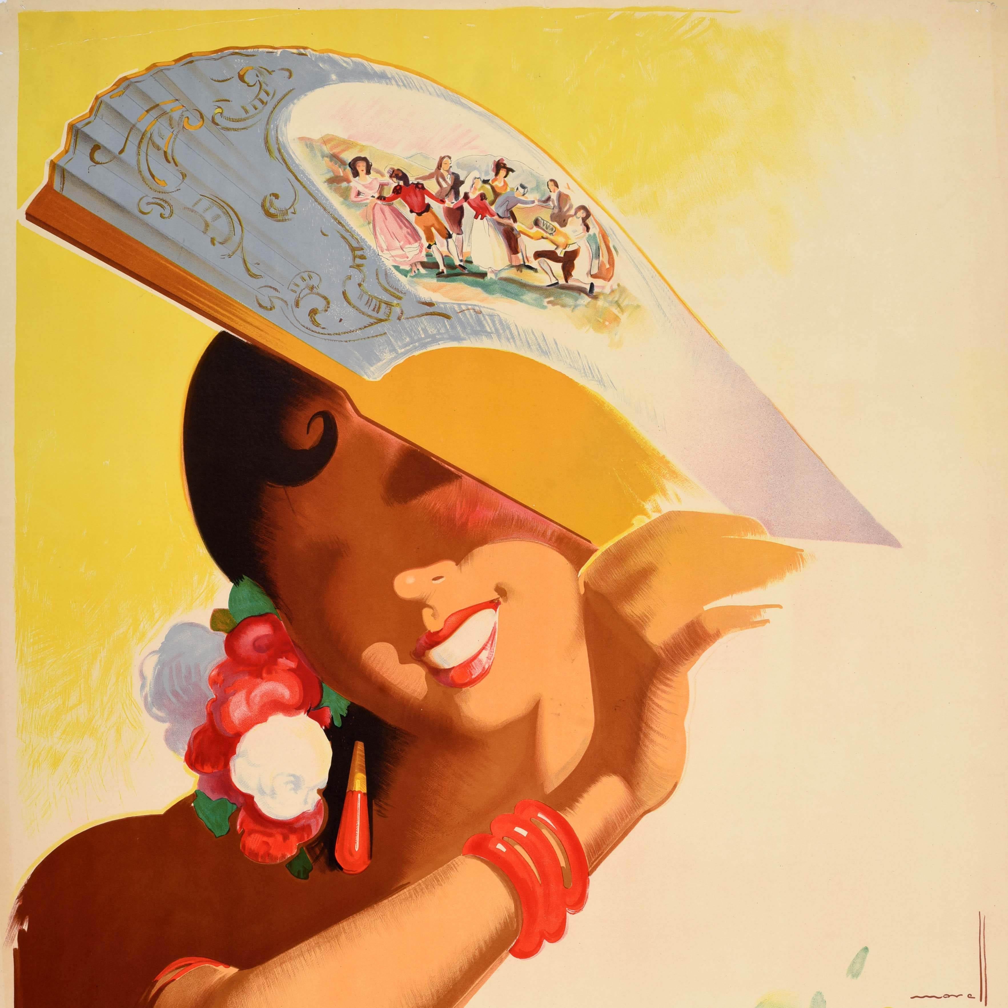 Spagnolo Poster di viaggio per le vacanze estive originale d'epoca Visita la Spagna Morell Fan Espana in vendita