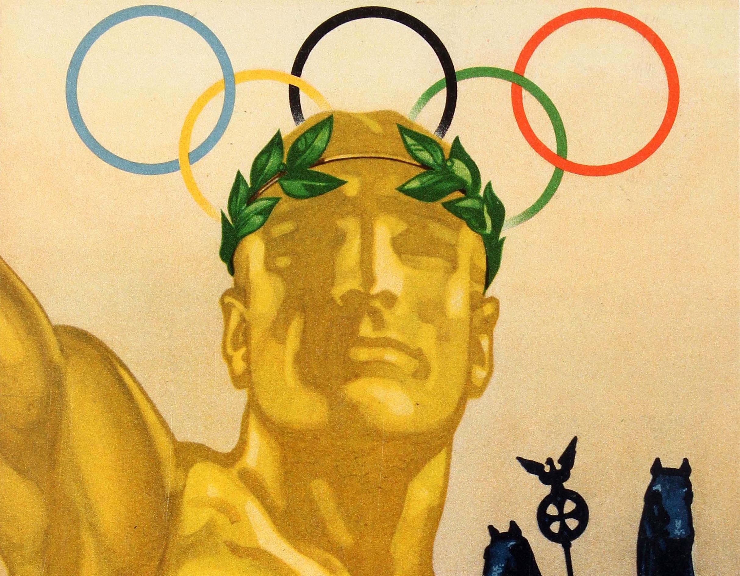 Original vintage Summer Olympic Games poster for the 1936 Olympic Games held in Berlin from 1-16 August, published by the Reichsbahnzentrale fur den Deutschen Reiseverkehr (German Railways Head Office for Tourist Traffic) and the Propaganda