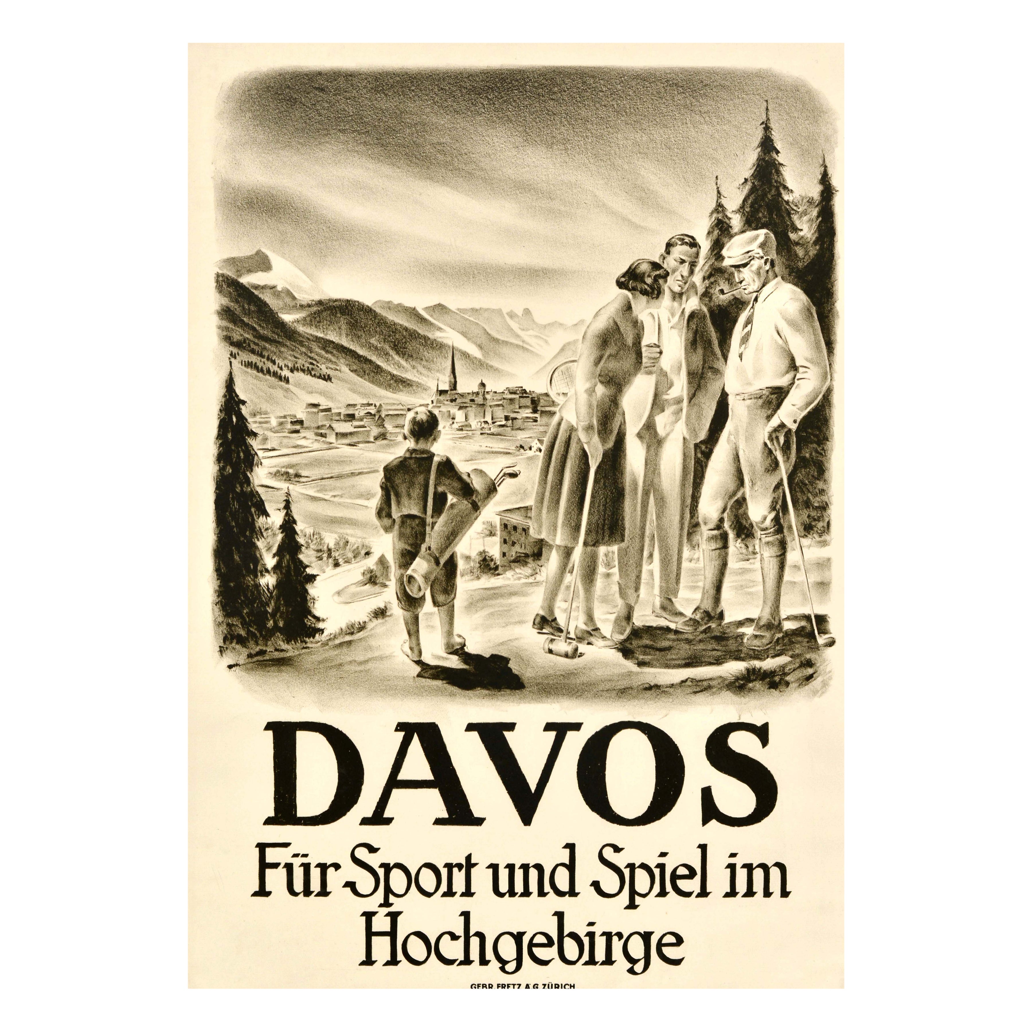 Poster di viaggio sportivo estivo originale d
epoca Davos Giochi Sportivi Montagne Moos