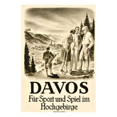 Original Vintage Summer Sport Travel Poster Davos Sports Games Mountains Moos