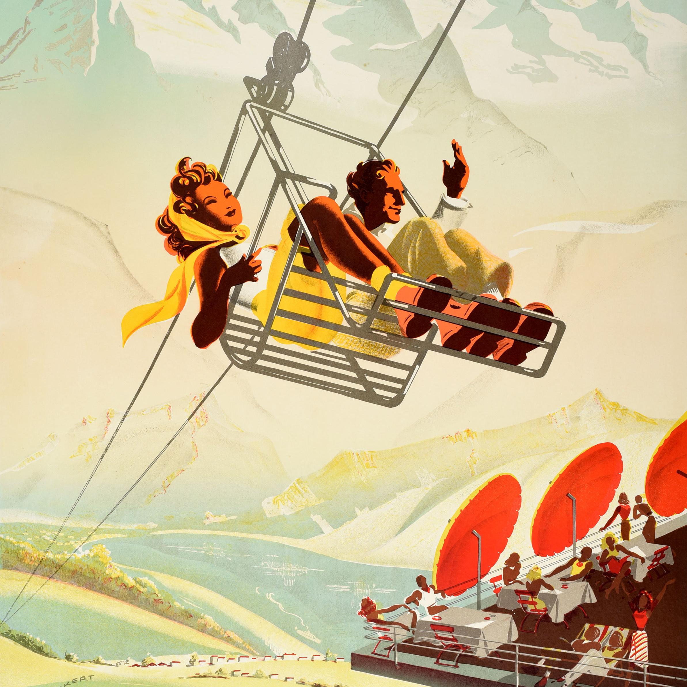 Original vintage summer travel poster for Beatenberg Niederhorn Switzerland Berner Oberland Suisse. Great artwork by Martin Peikert (1901-1975) depicting a fashionably dressed couple on a chair lift with snow topped mountain peaks in the background,