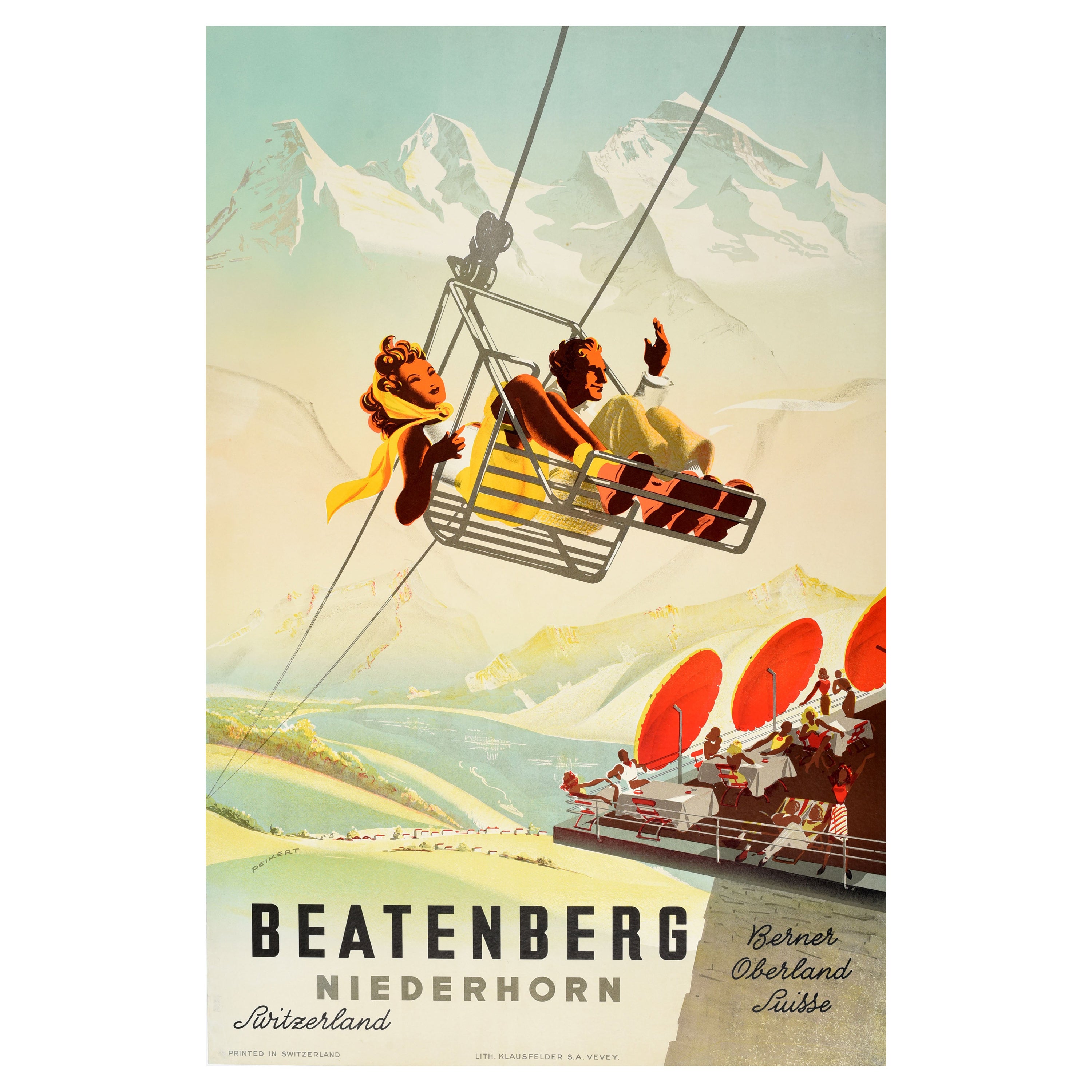 Poster di viaggio estivo originale d'epoca Beatenberg Niederhorn Svizzera Peikert in vendita
