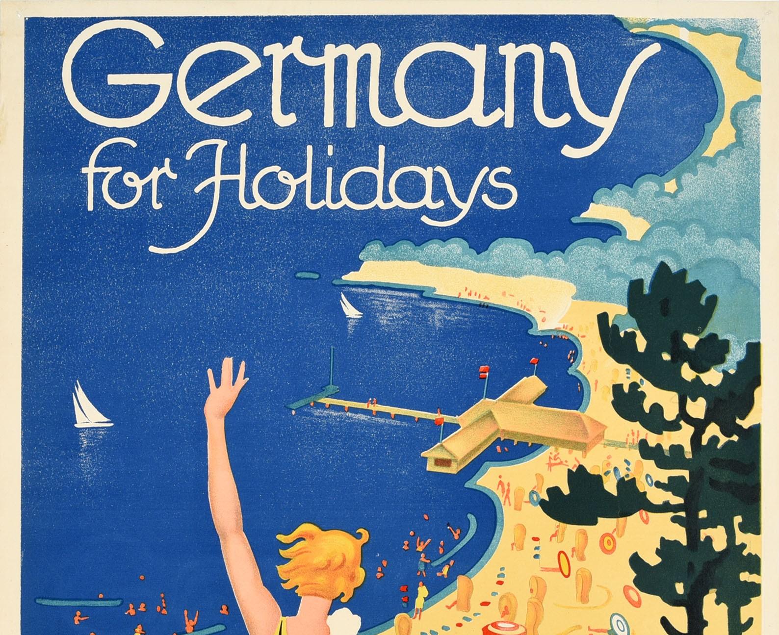 Original vintage summer travel poster - Germany for Holidays - featuring a stunning Art Deco design showing a person waving in the foreground next to a red and white striped sun umbrella below trees with people playing, relaxing and sunbathing at