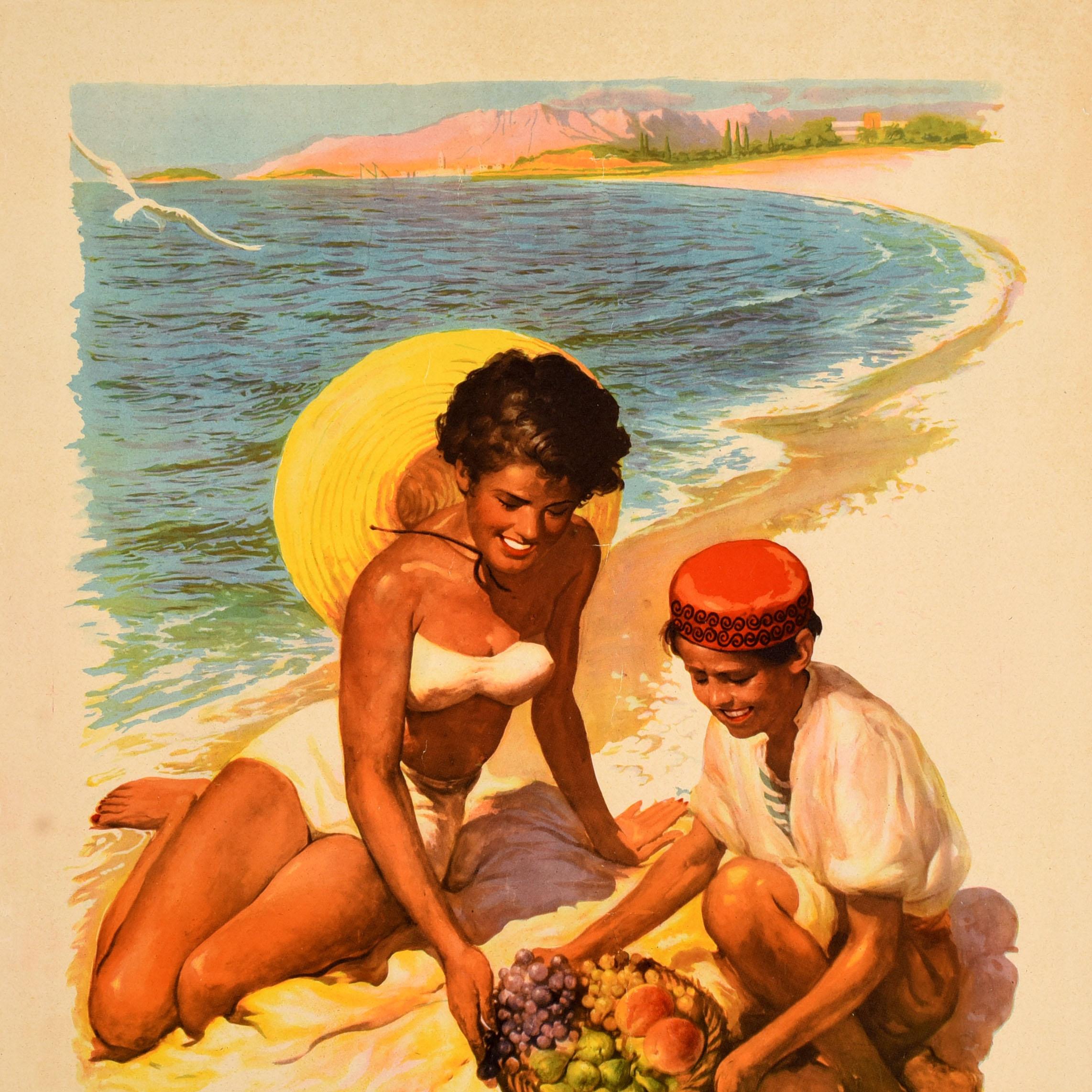 Serbo Poster di viaggio estivo originale d'epoca Vacanze in Jugoslavia Spiaggia Mare Adriatico in vendita