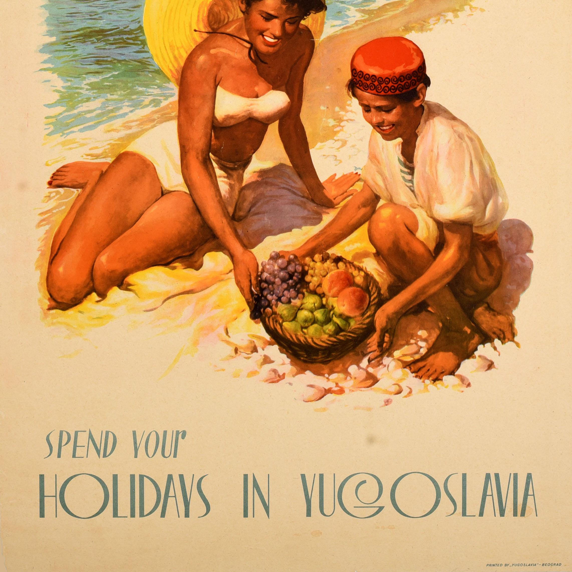 Poster di viaggio estivo originale d'epoca Vacanze in Jugoslavia Spiaggia Mare Adriatico In condizioni buone in vendita a London, GB