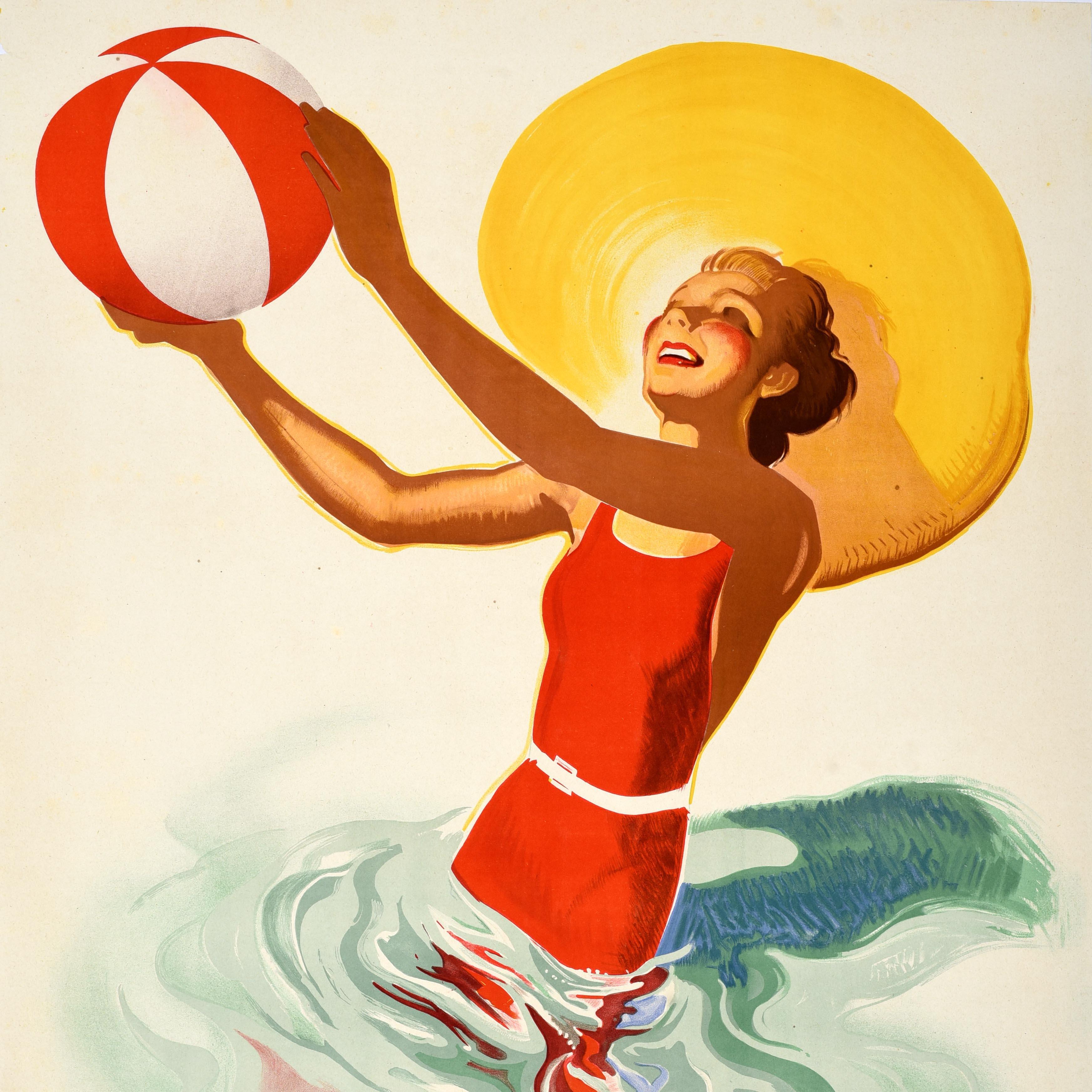 Art Déco Poster di viaggio estivo originale d'epoca Spagna Espana Morell Beach Ball Art Deco in vendita