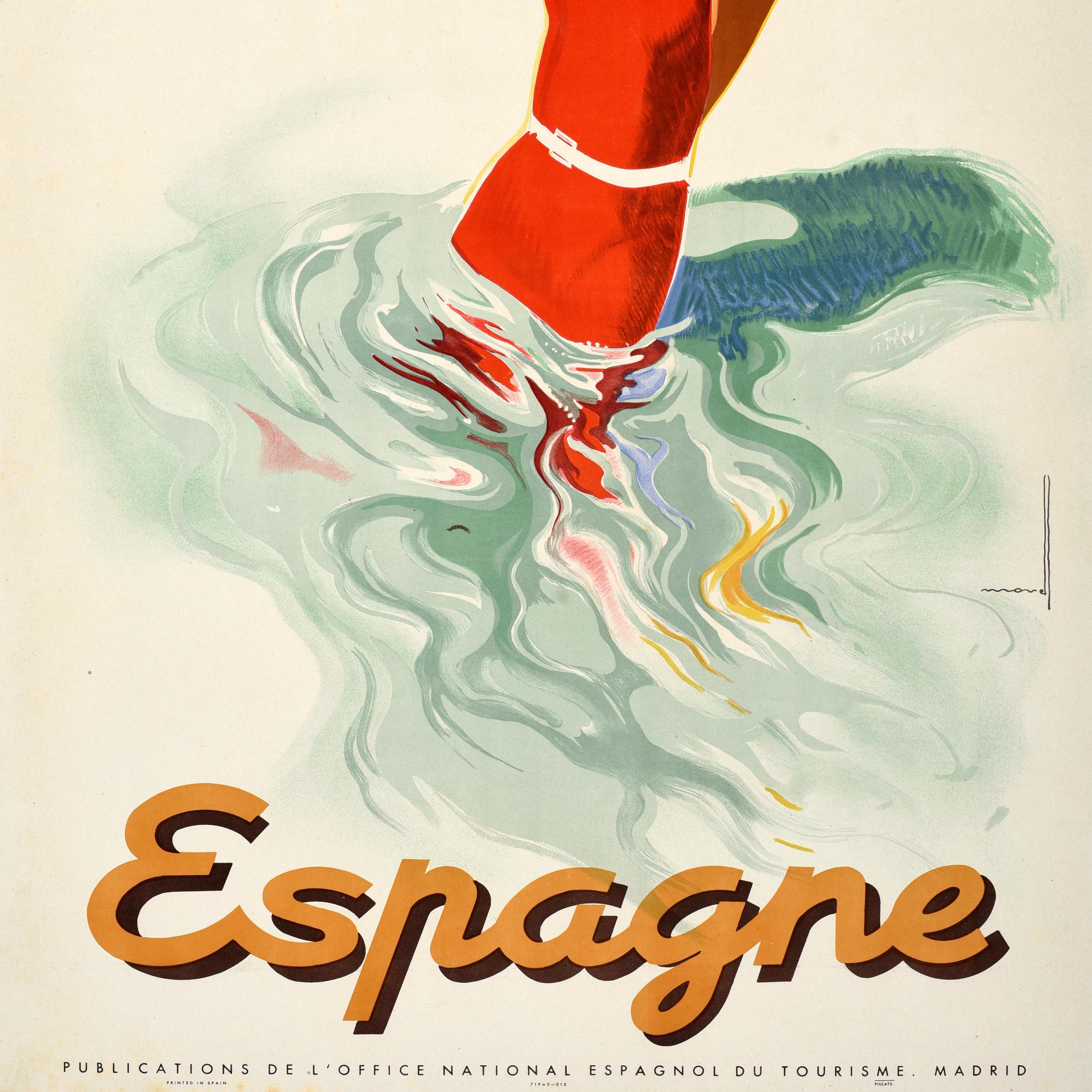 Spagnolo Poster di viaggio estivo originale d'epoca Spagna Espana Morell Beach Ball Art Deco in vendita