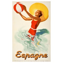 Original Vintage Summer Travel Poster Spain Espana Morell Beach Ball Art Deco