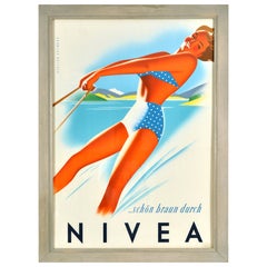 Original Vintage Sun Cream Advertising Poster Nivea Beautiful Tan Waterski Original Vintage Sun Cream Advertising Poster Nivea Beautiful Tan Waterski