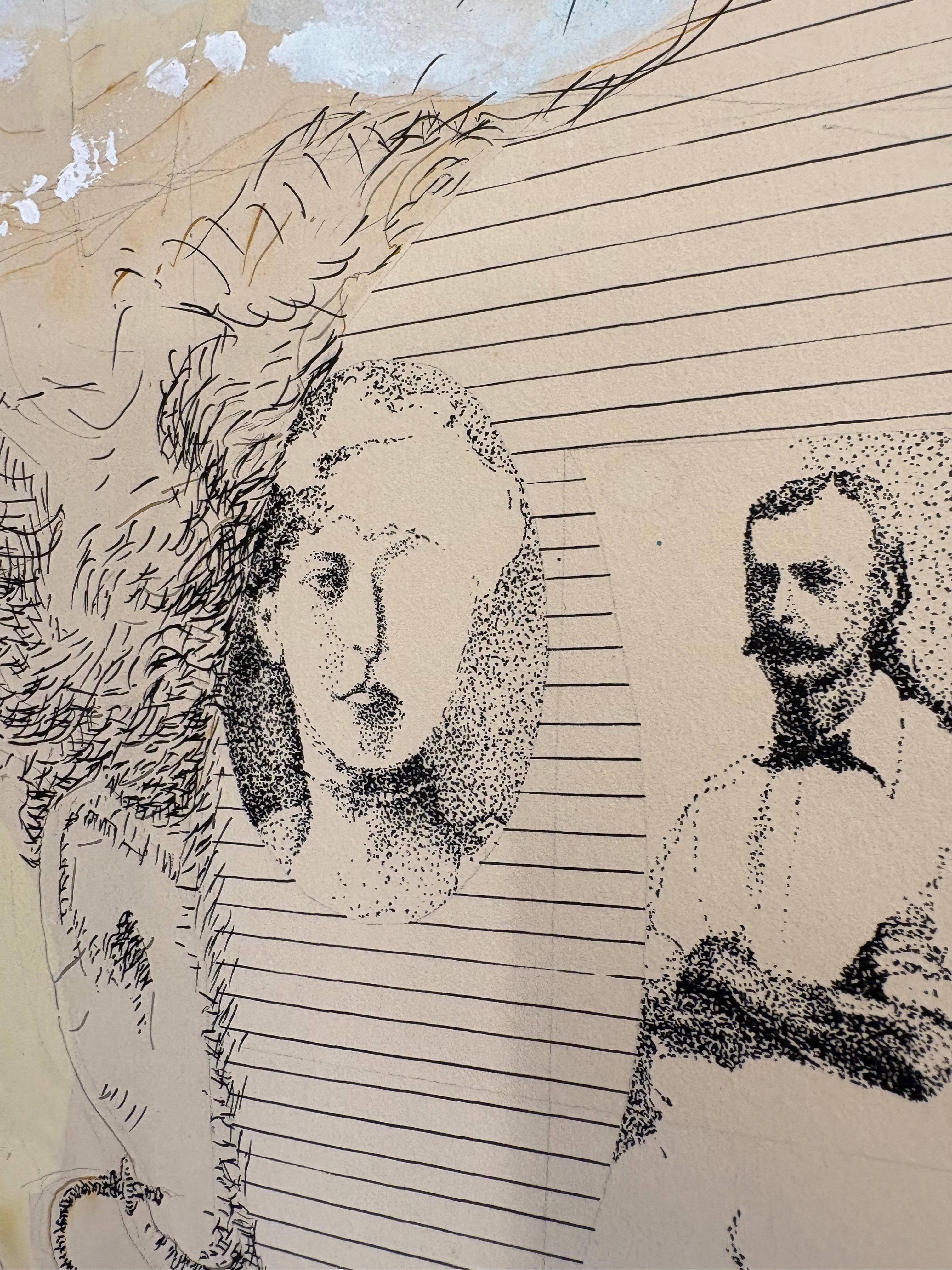 Nordamericano Originale surrealista d'epoca  disegno di ritratto a tecnica mista in vendita