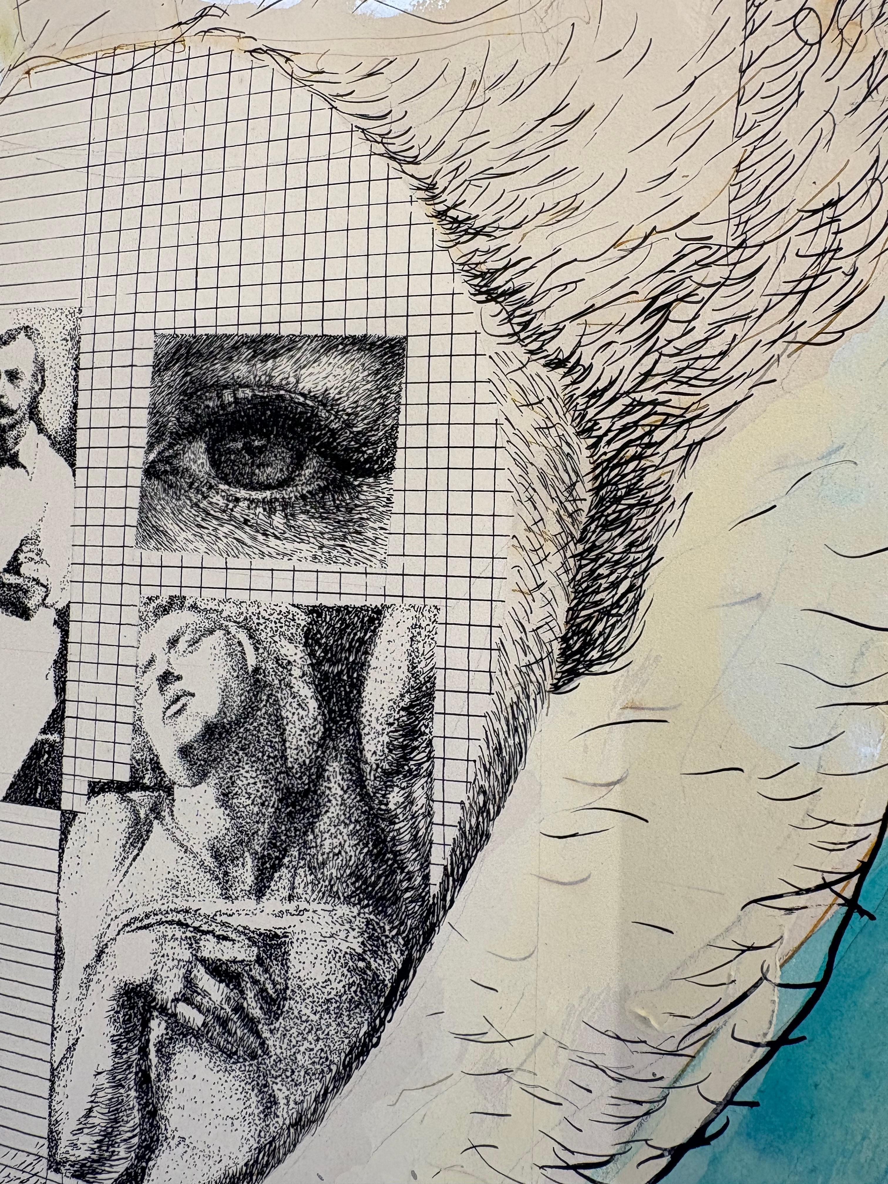 Dipinto a mano Originale surrealista d'epoca  disegno di ritratto a tecnica mista in vendita