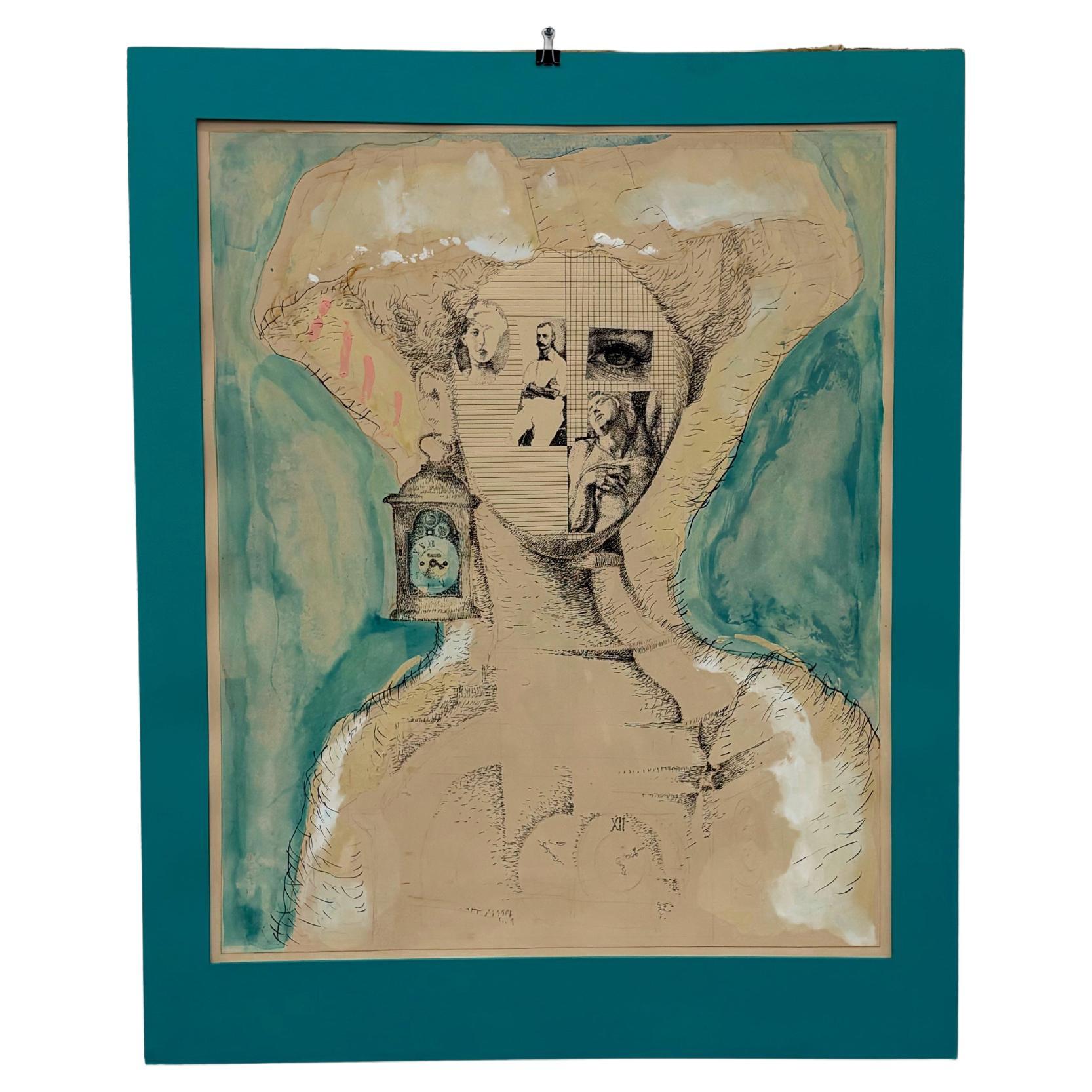 Surrealista vintage original  dibujo de retrato en técnica mixta