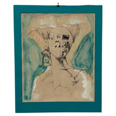 Original vintage surrealist  mixed media portrait drawing