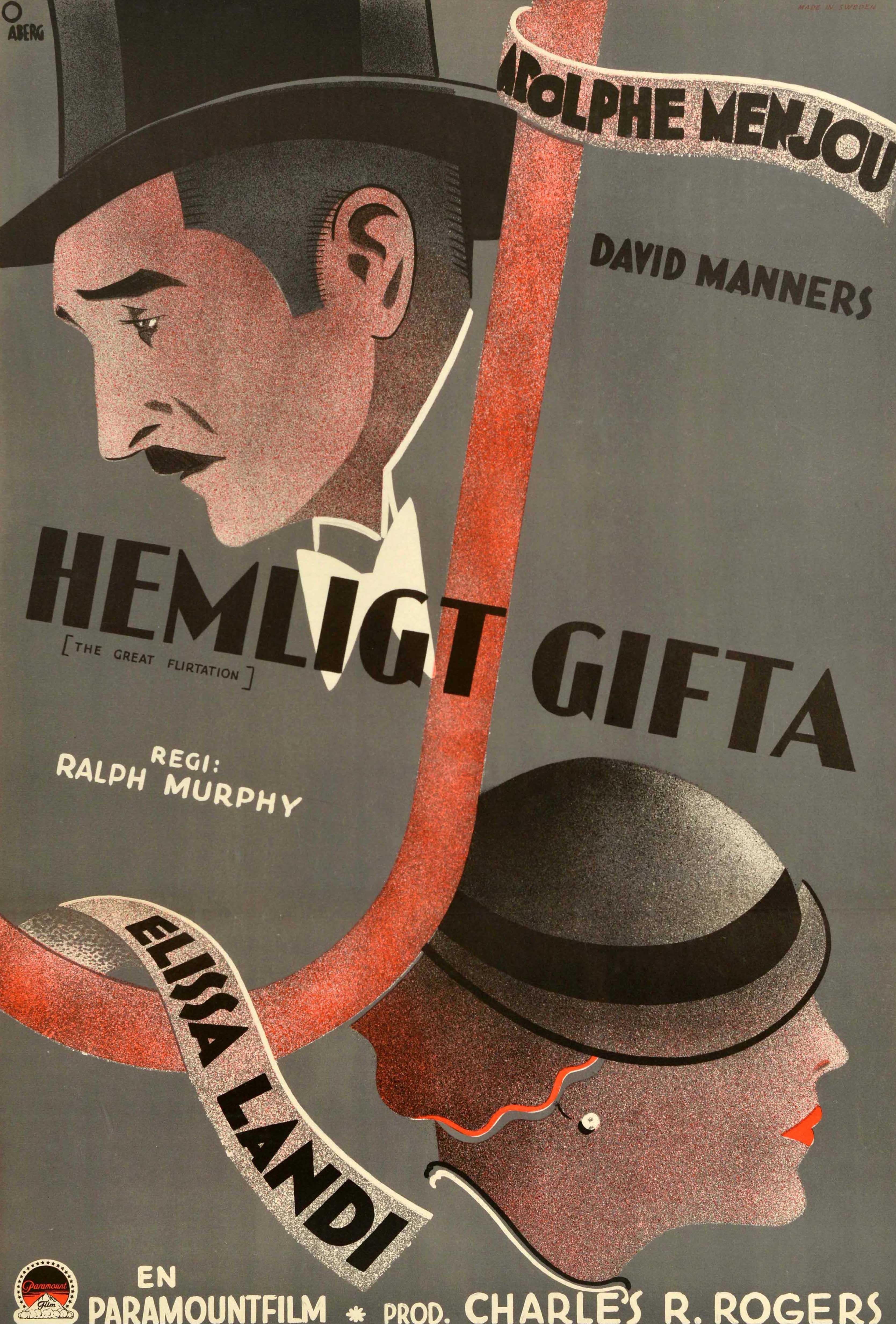 Cartel de cine original de época de estreno en Suecia para la película de comedia dramática romántica El gran flirteo / Hemlight Gifta dirigida por Ralph Murphy, producida por Charles R. Rogers y protagonizada por Elissa Landi en el papel de Zita