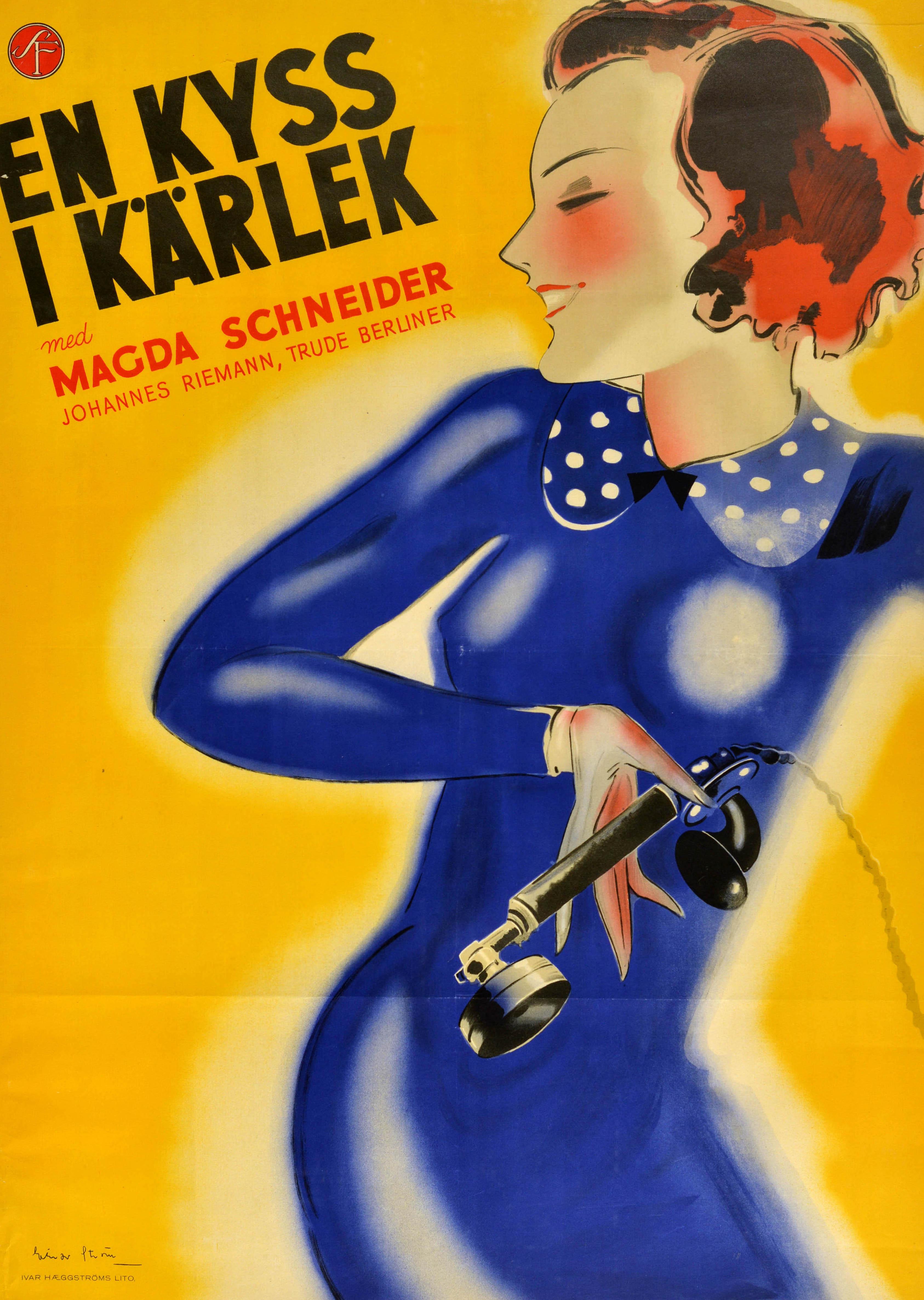 Originales schwedisches Vintage-Filmplakat für eine schwarz-weiße romantische Filmkomödie Falsche Nummer, Fräulein / Fräulein - Falsch verbunden / En Kyss I Karlek unter der Regie von E. W. Emo und mit der deutschen Schauspielerin Magda Schneider