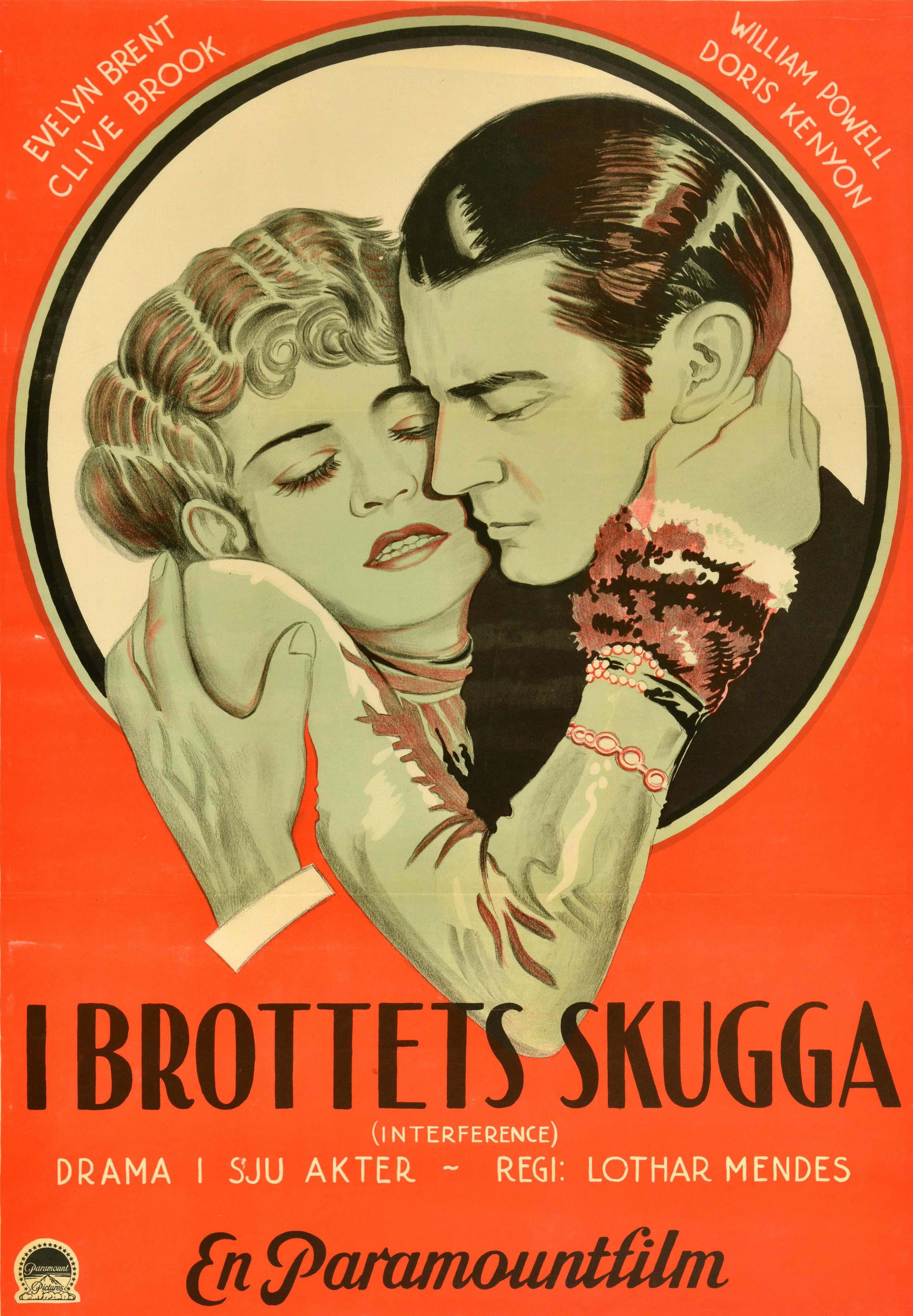 Poster cinematografico originale d'epoca in Svezia per il film poliziesco americano Interference / I Brottets Skugga diretto da Lothar Mendes e interpretato da Evelyn Brent nel ruolo di Deborah Kane, Clive Brooks nel ruolo di Sir John Marlay,