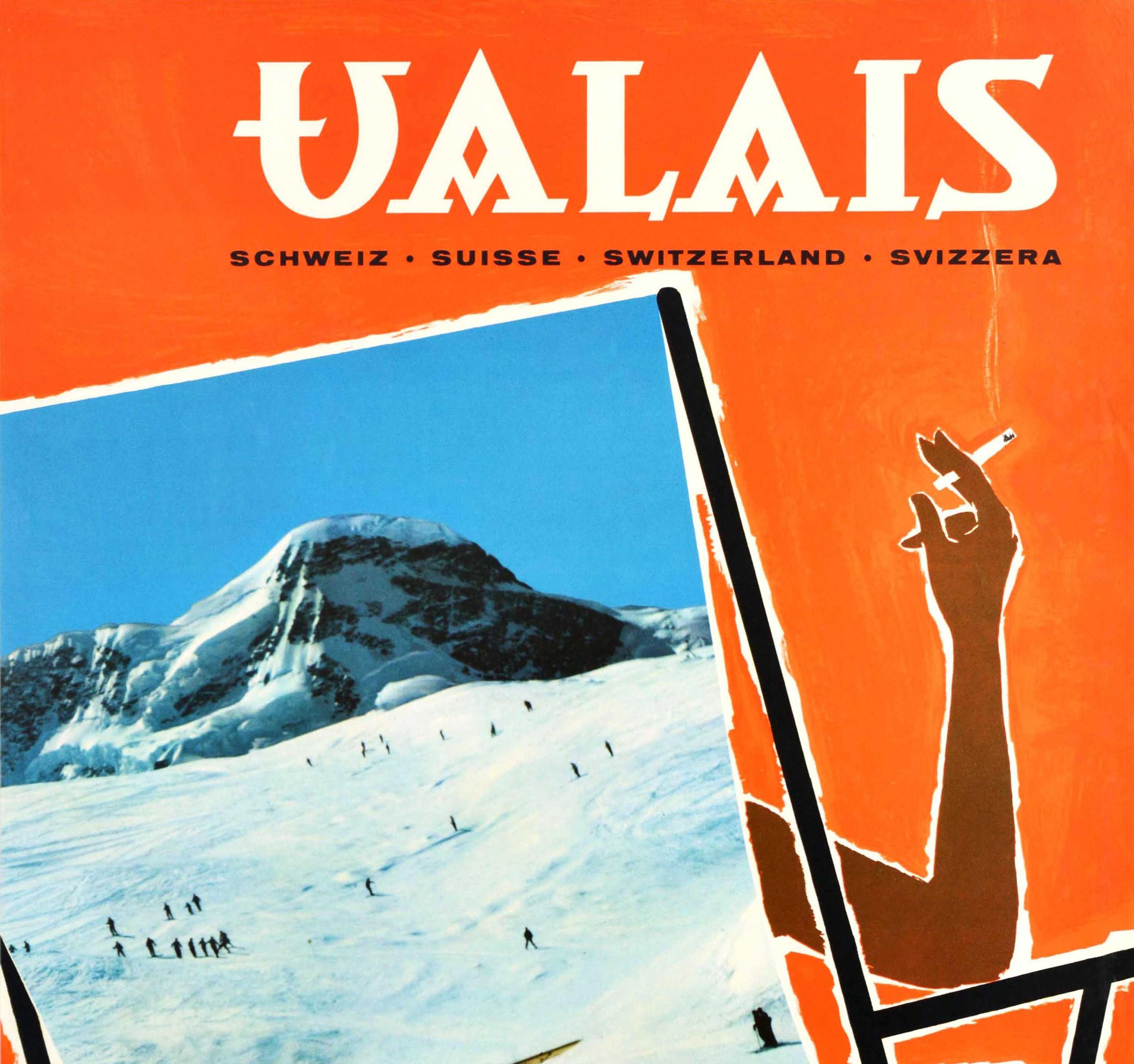 Original vintage skiing poster for the popular Swiss ski resort of Valais Schweiz Suisse Switzerland Svizzera featuring a colourful image of a person relaxing in a deck chair and smoking a cigarette with a photo on the back of the chair of a ski