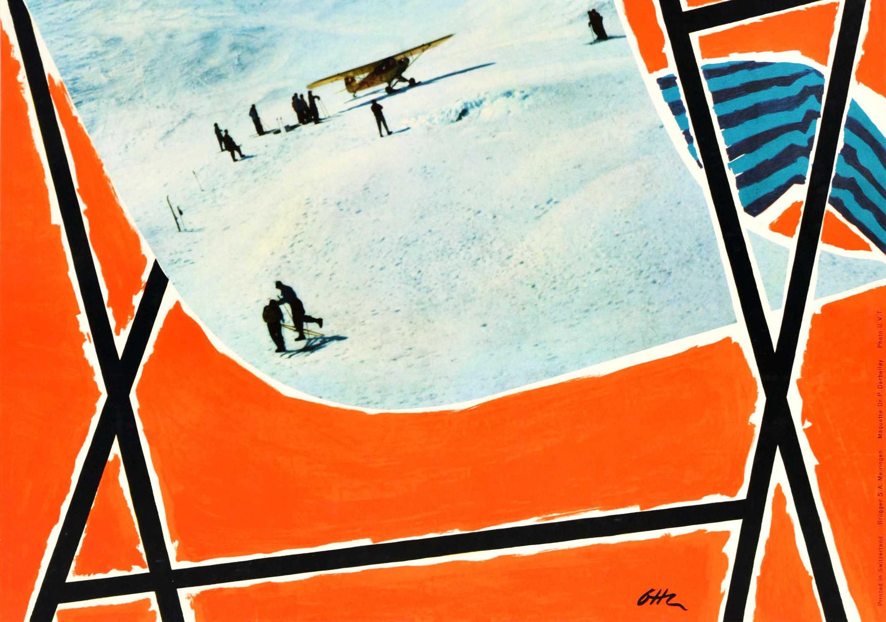Original Vintage Swiss Poster Valais Switzerland Winter Travel Skiing Sunbathing In Good Condition In London, GB