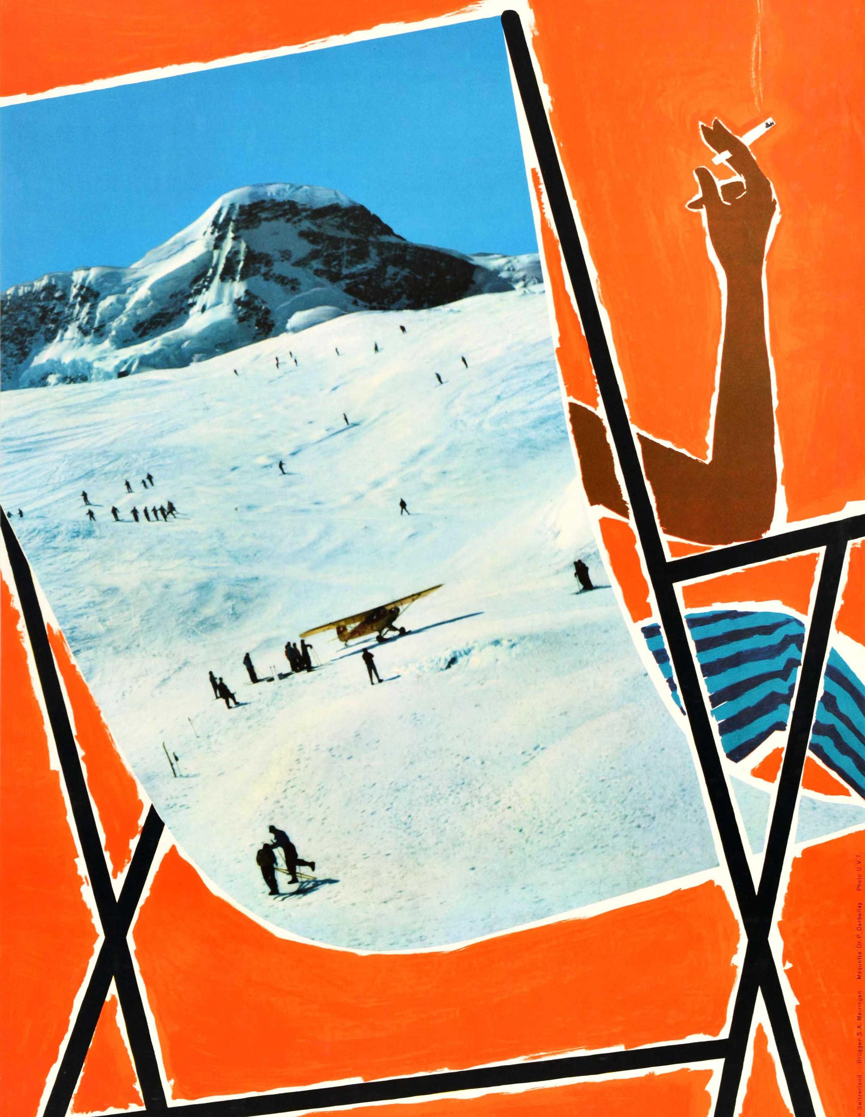 Mid-20th Century Original Vintage Swiss Poster Valais Switzerland Winter Travel Skiing Sunbathing