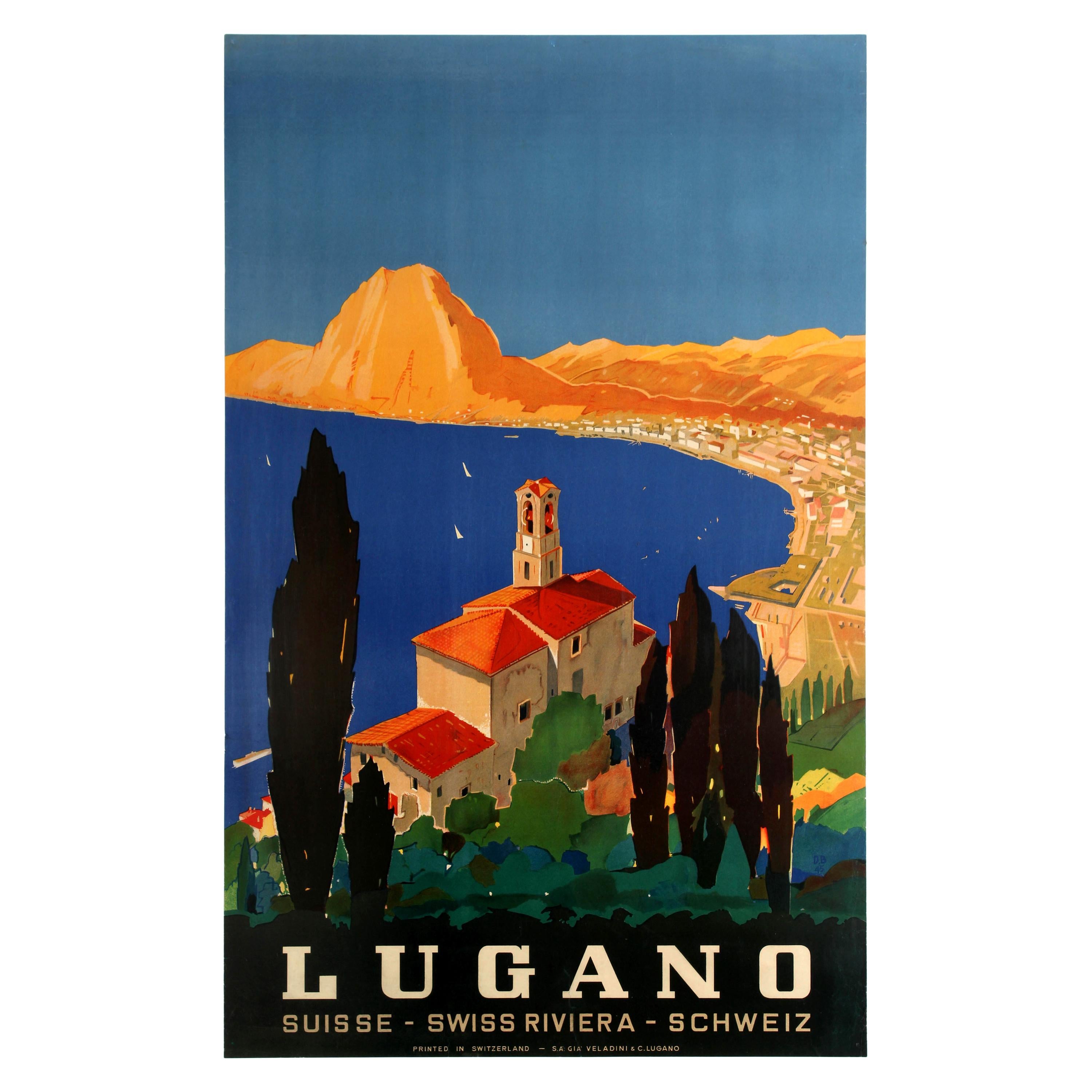 Original Vintage Swiss Riviera Travel Poster Lugano Lake Monte San Salvatore