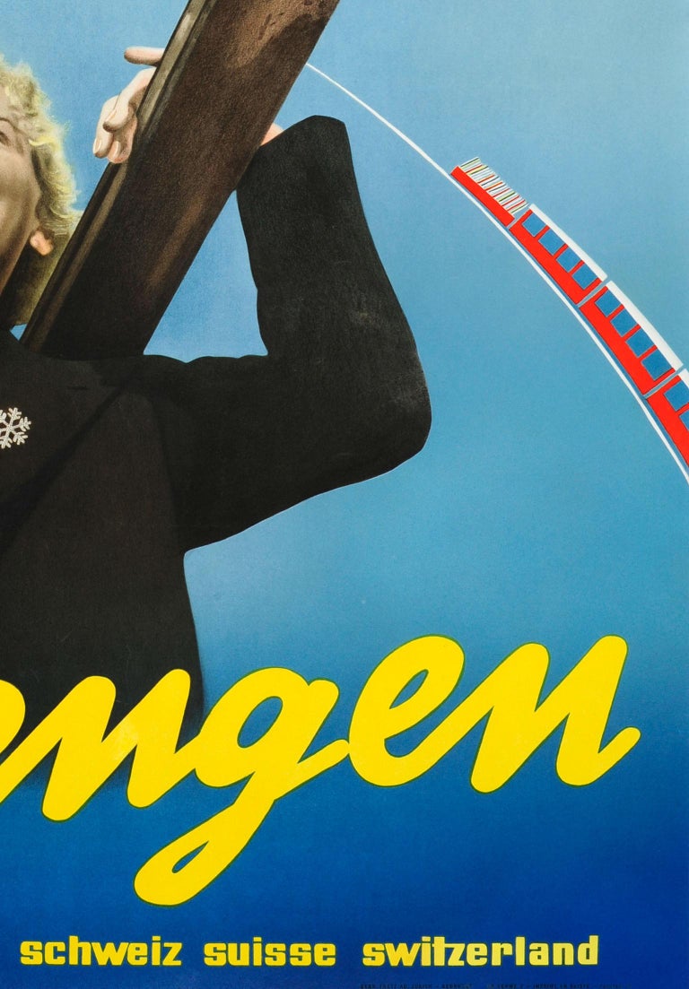 Original vintage ski travel poster promoting the popular alpine resort village of Wengen in Switzerland featuring a photograph of a blond lady laughing and wearing a red top with a snowflake brooch on her black jacket, carrying her wooden skis and