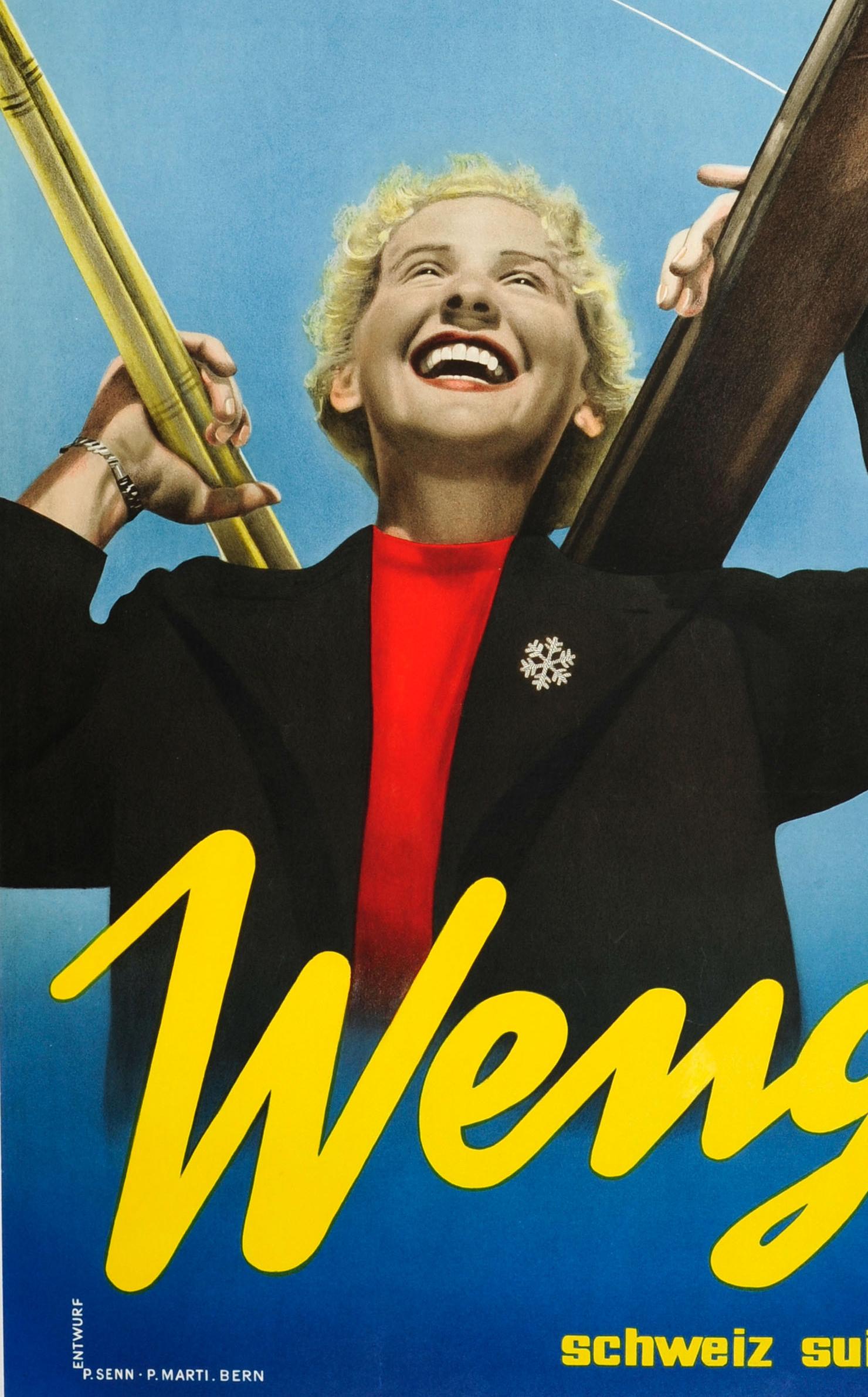 Affiche de voyage de ski suisse vintage d'origine pour Wengen, Suisse, Oberland bernois Bon état - En vente à London, GB
