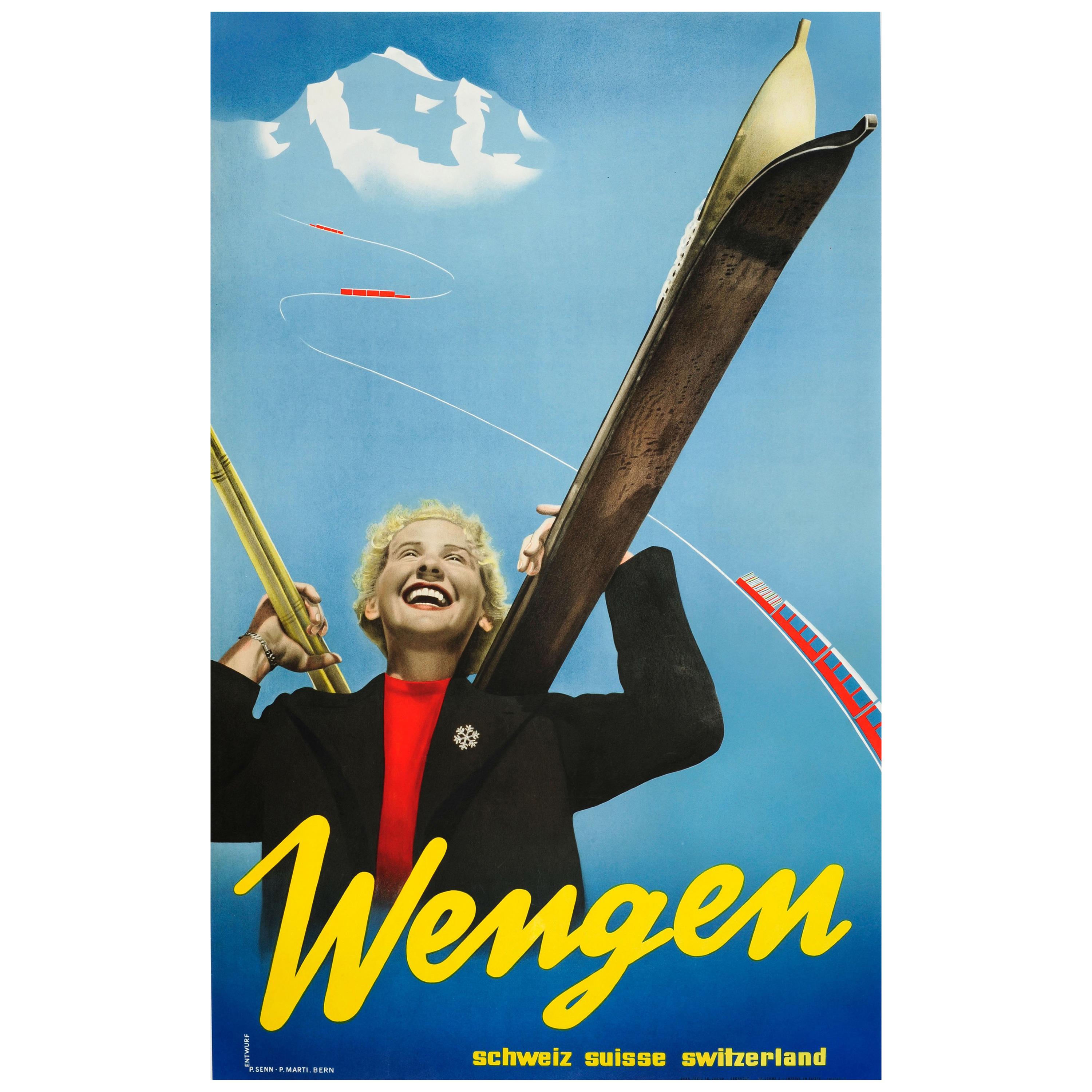 Original Vintage Swiss Ski Travel Poster for Wengen Switzerland Bernese Oberland