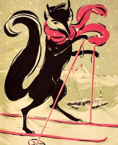 Original Vintage Swiss Ski Travel Poster Wallis Valais Switzerland Fox Be Smart
