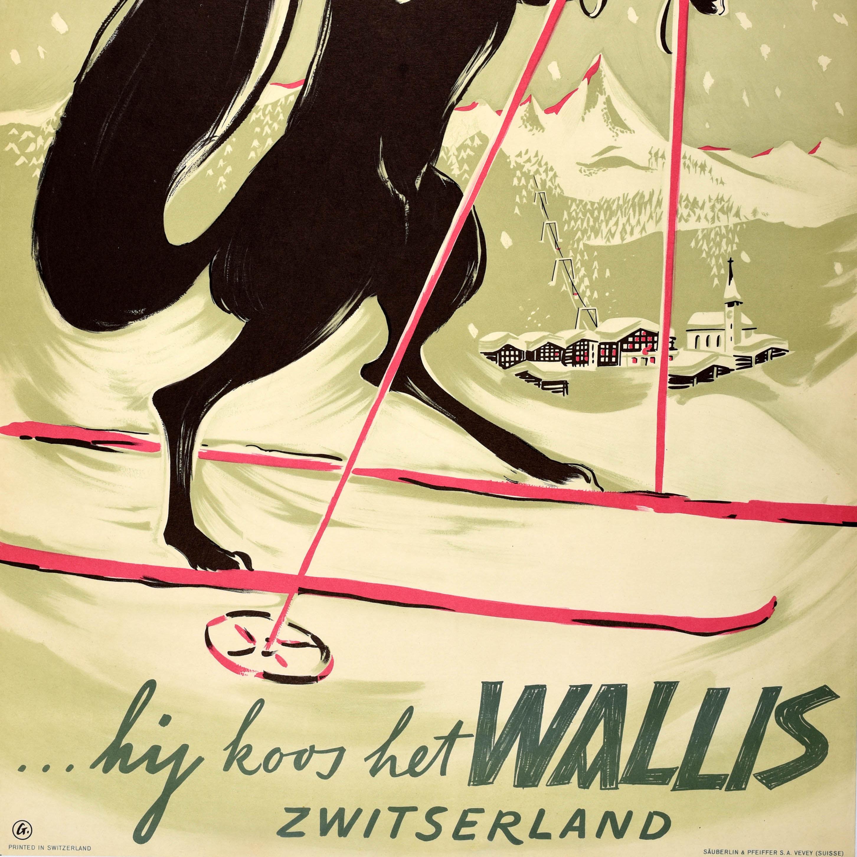 Mid-20th Century Original Vintage Swiss Ski Travel Poster Wallis Valais Switzerland Fox Be Smart For Sale