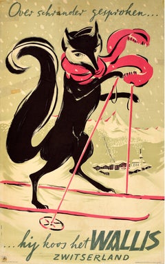 Original Vintage Swiss Ski Travel Poster Wallis Valais Switzerland Fox Be Smart