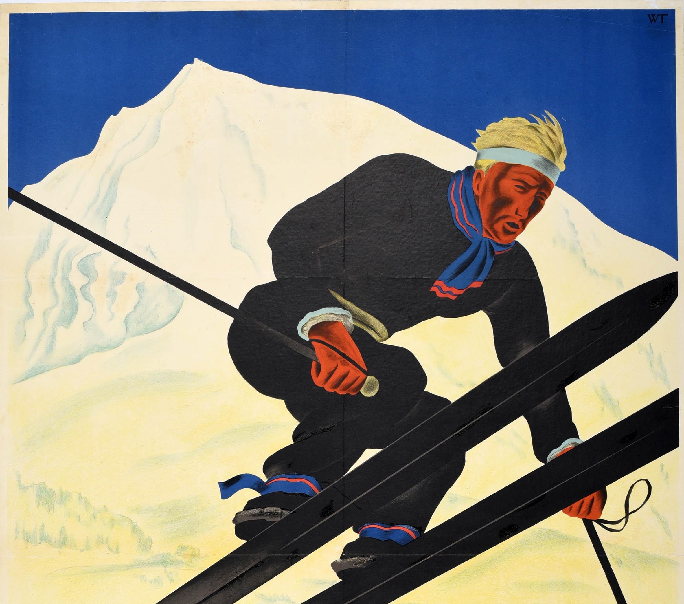 Original vintage skiing and winter sport travel poster for the Swiss alpine village in the Bernese Oberland region - Adelboden Suisse 1400m - featuring a dynamic design by Willy Trapp (1905-1984) depicting a skier wearing a black outfit, red striped
